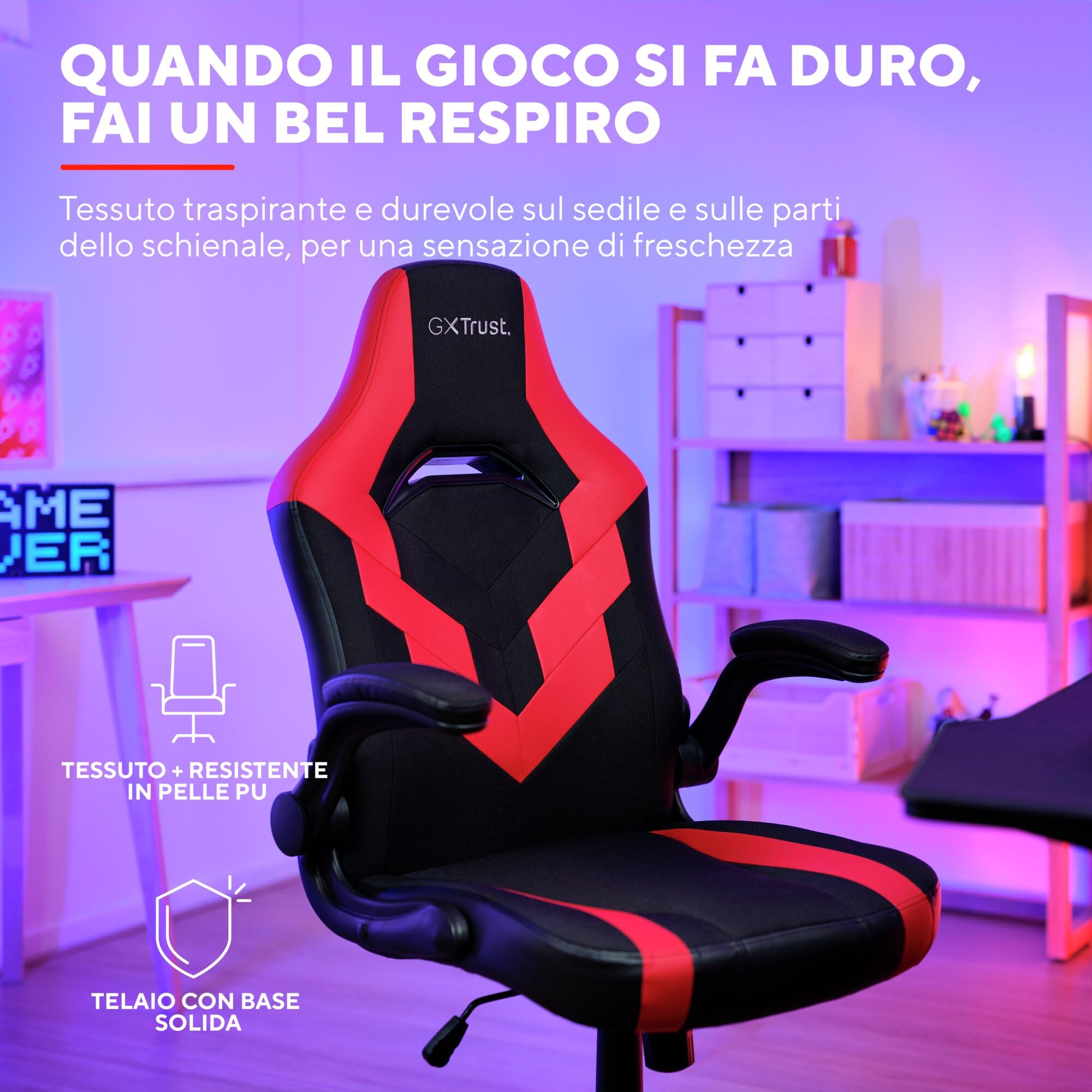 GXTrust 1703 Yezz Sedia Gaming con Braccioli Imbottiti, Regolabile in Altezza, Gas di Classe 4, Sedia da Gaming Inclinabile Fino a 140 kg, Rivestimento in Tessuto, per PC Ufficio Gioco, Rosso