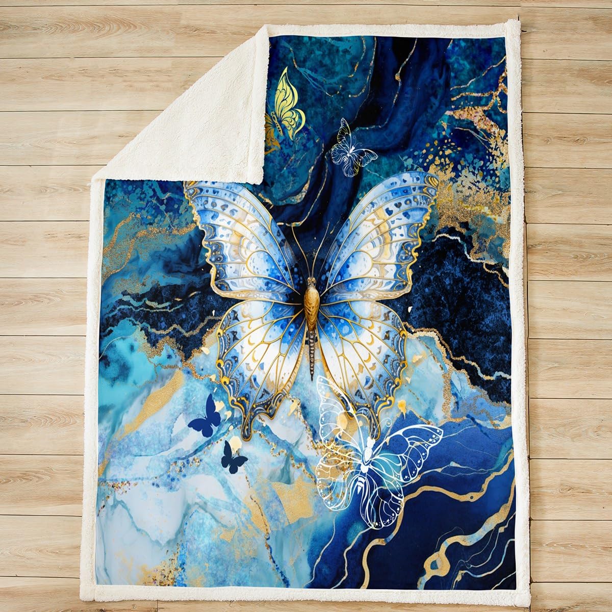 Pretty Butterfly Sherpa Blanket Blue Gold Fleece Throw Blanket for Kids Boys Girls Decor Animal Plush Blanket Microfiber Stripe Line Fuzzy Blanket for Sofa Bed Couch Bedroom,Twin 60x80 Inches