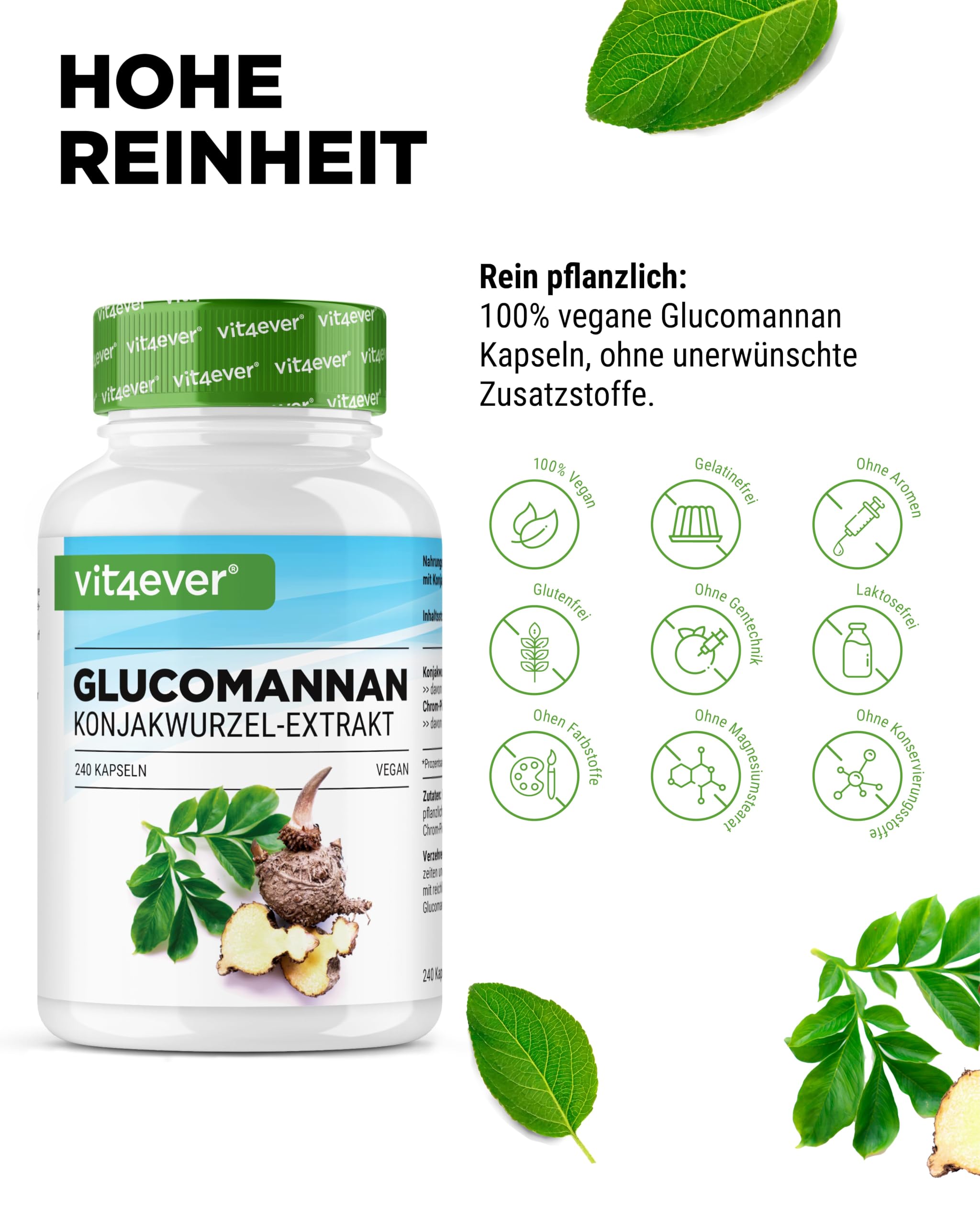vit4ever Glucomannan Konjak-Wurzel - 240 Kapseln - 4200 mg Tagesportion | mit Chrom optimiert, hochdosiert, vegan
