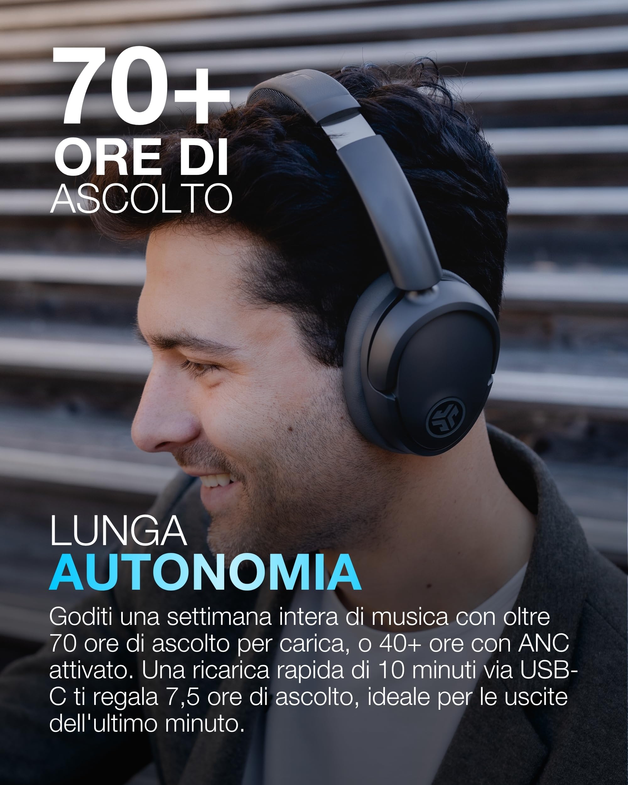 JLab JBuds LUX ANC Cuffie Attive Intelligenti Con Cancellazione Del Rumore - Cuffie Wireless Sopra L'Orecchio Con Microfono, Auricolari Bluetooth Pieghevoli, Grafite