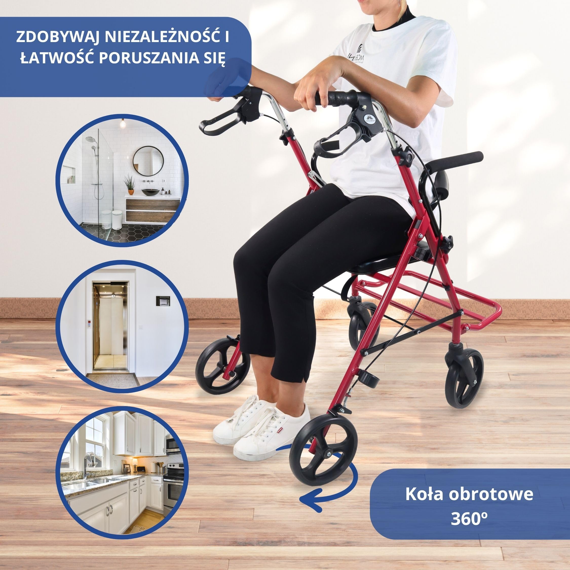 Mobiclinic® pro, Model colon, Spacerownik dla osób niepełnosprawnych, Starszych, Dorosłych lub w podeszłym wieku, Aluminiowy, Lekki, Składany, Z siedziskiem i 4 kołami. kolor bordeaux