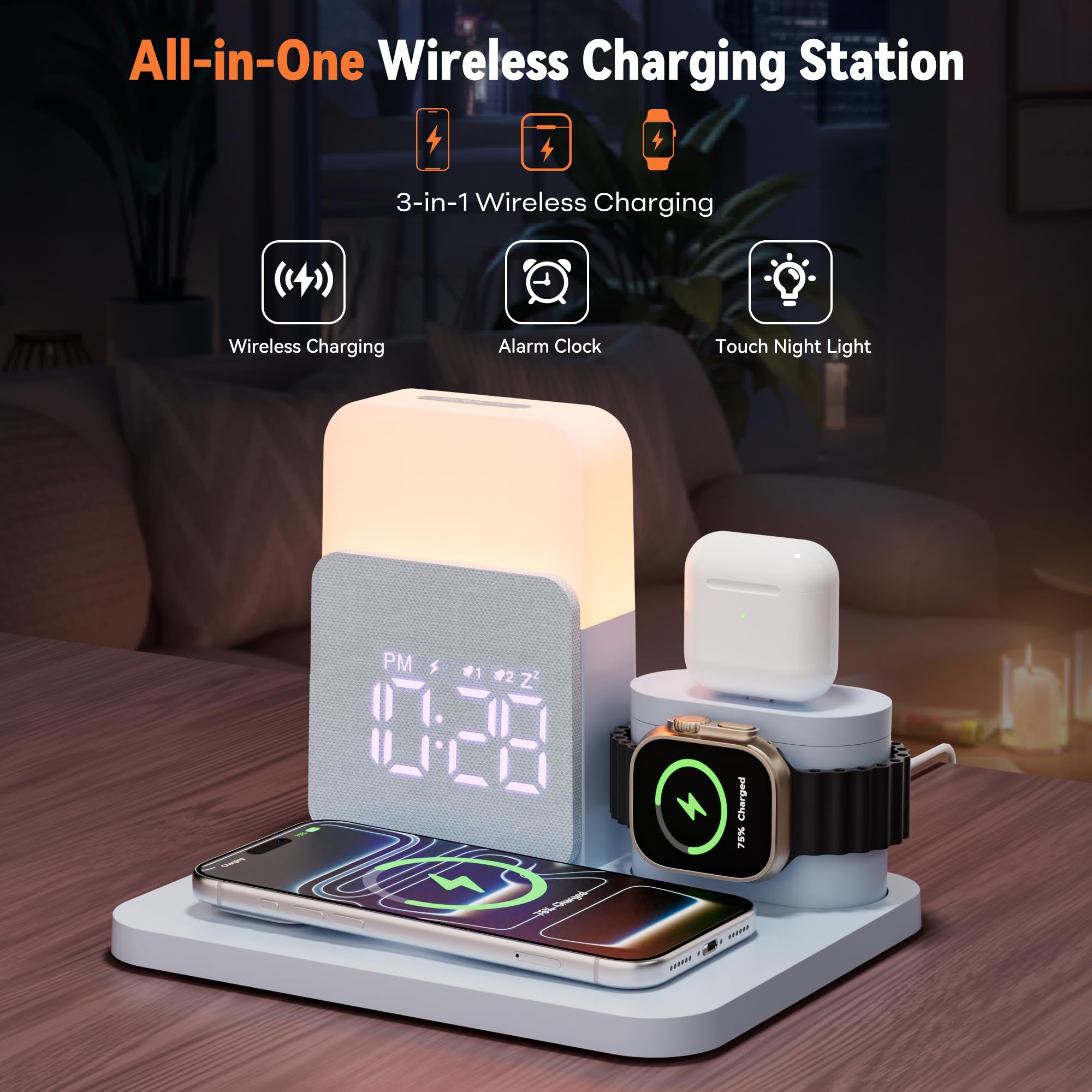 COLSUR Stazione di ricarica wireless 6 in 1, caricabatterie wireless magnetico da 25 W con sveglia, luce notturna, supporto caricabatterie wireless per iPhone 16 15 14 13 12 11 X Pro Max, Apple Watch