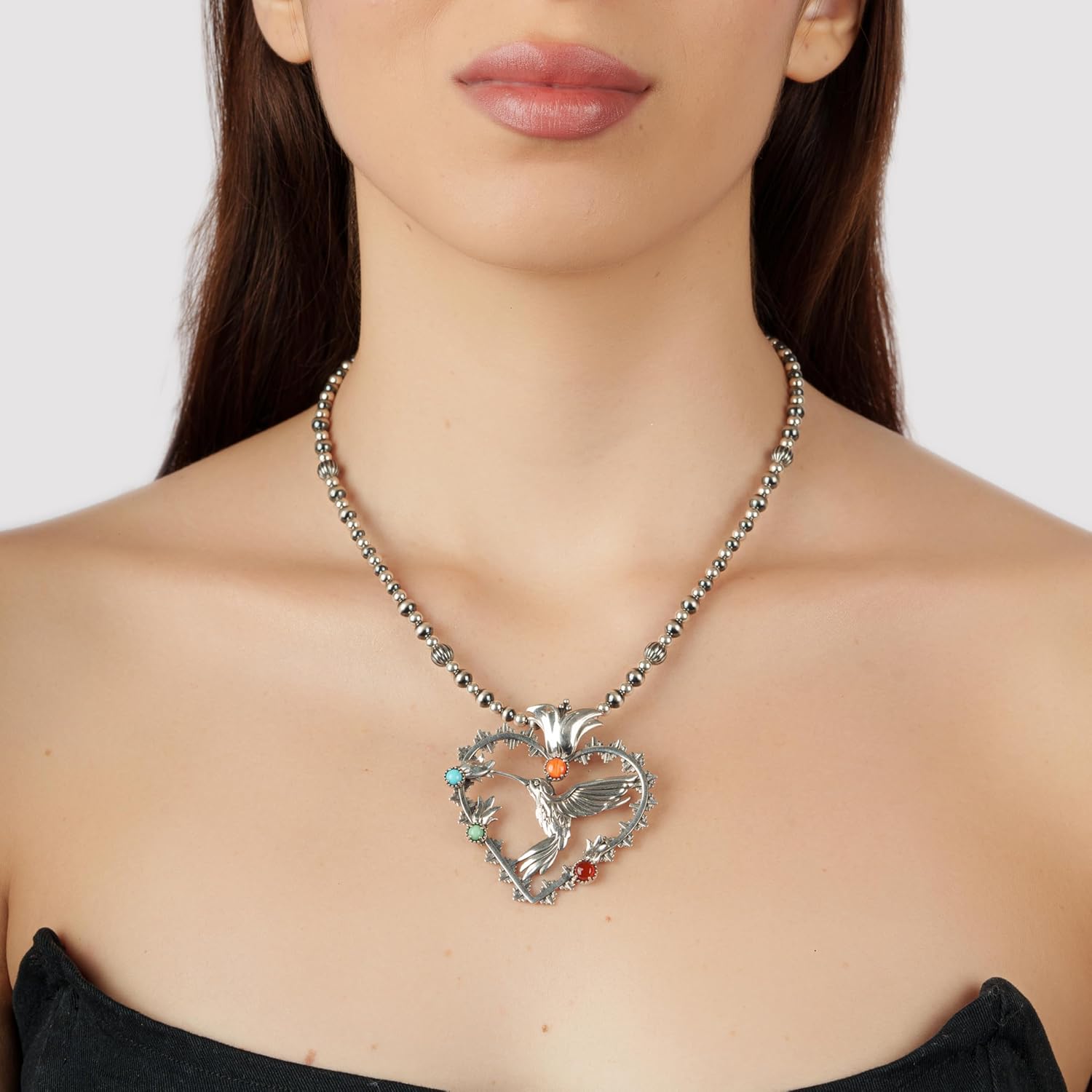 American West Jewelry Sterling Silver Multi-Gemstone Fritz Casuse Heart Hummingbird Pendant Enhancer