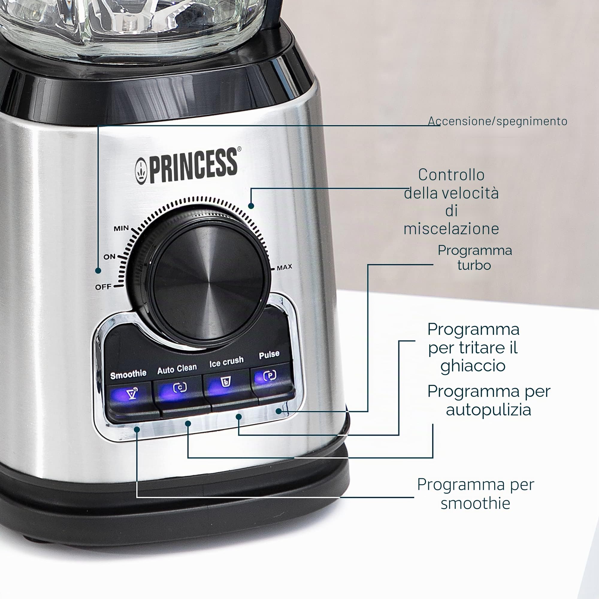 Princess Frullatore 212094-1400 W - 1,75 L - Funzione smoothie, pulsa, ghiaccio tritato e autopulente