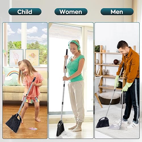 Miniatura 14 de Yangbaga Juego de recogedor y escoba de mango largo para el hogar, recogedores y escobas de metal resistente, diseño de pie vertical, escoba