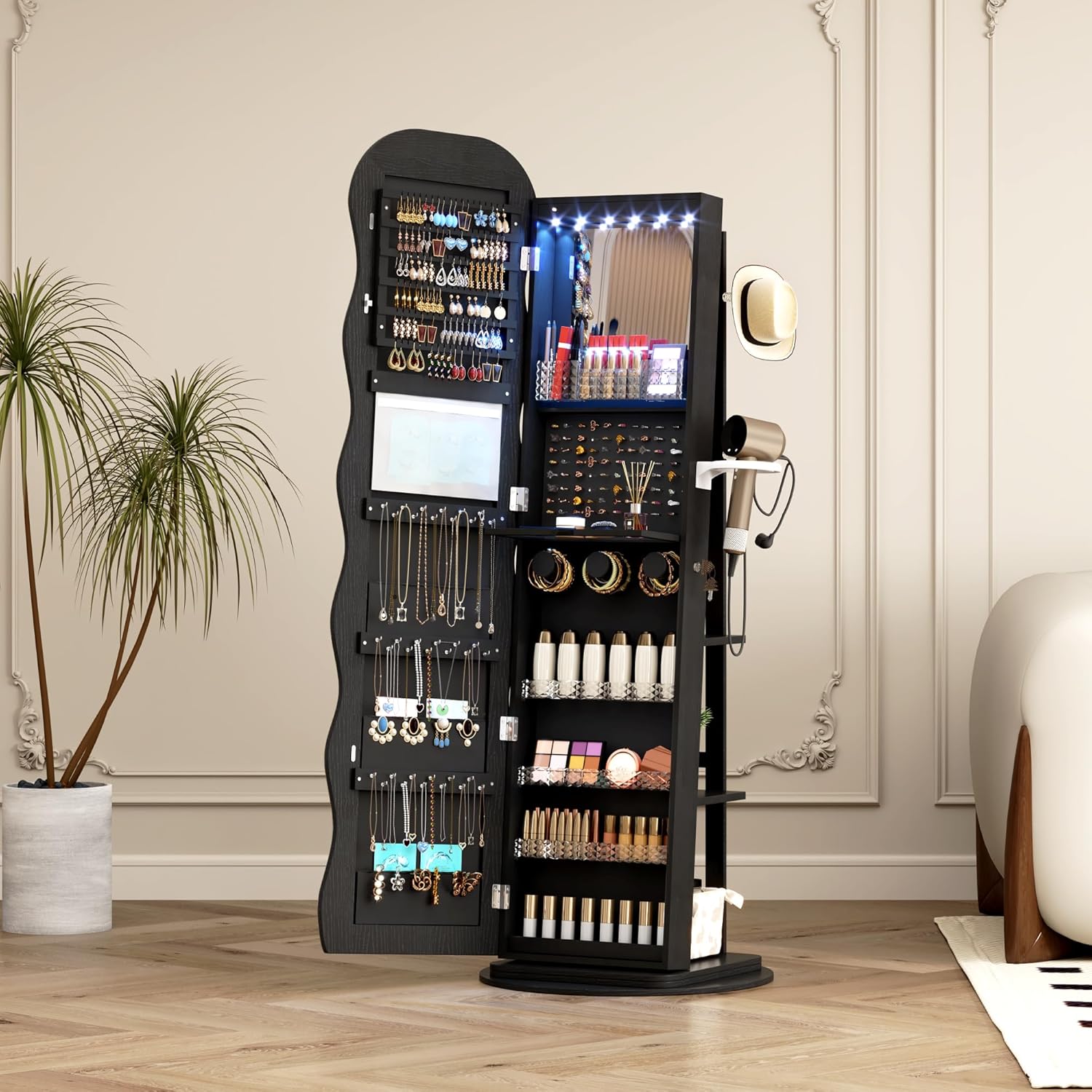 Vlsrka 360° Swivel Jewelry Aromire with Wavy Mirror, Lockable Jewelry Organizer Mirror Full Length, Rotatable Standing Mirror with Storage, Jewelry Cabinet, Interior Mirror, Flodable Shef, Black