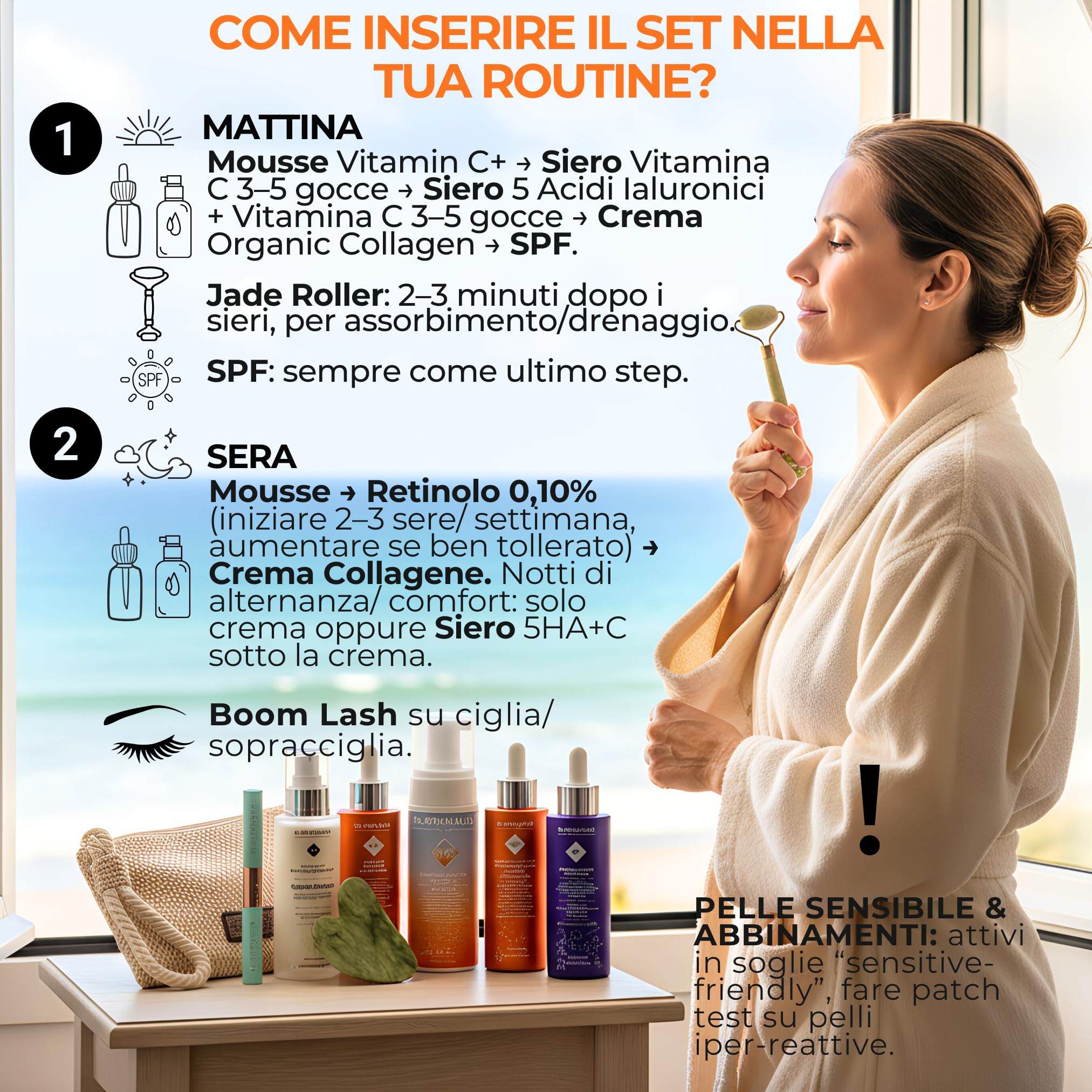 Dr. Dermaluci Lab Cofanetto BIO Anti-Età Pro 6 Pezzi - Mousse + Sieri Vit C + 5HA + Retinolo + Siero Ciglia + Crema Collagene - Gua Sha + Roller Jade + Borsa - AIAB, Nickel Tested, Made in Italy