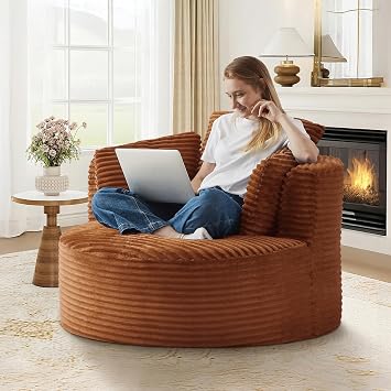 48"W Oversized Round Chaise Longue Chair Indoor,Corduroy Fluffy Comfy Cloud Chair,Circle Bean Bag Sofa with Foam Filling & Pillows,Boneless Reading Cozy Sofa Chairs for Living Room,Bedroom,Orange