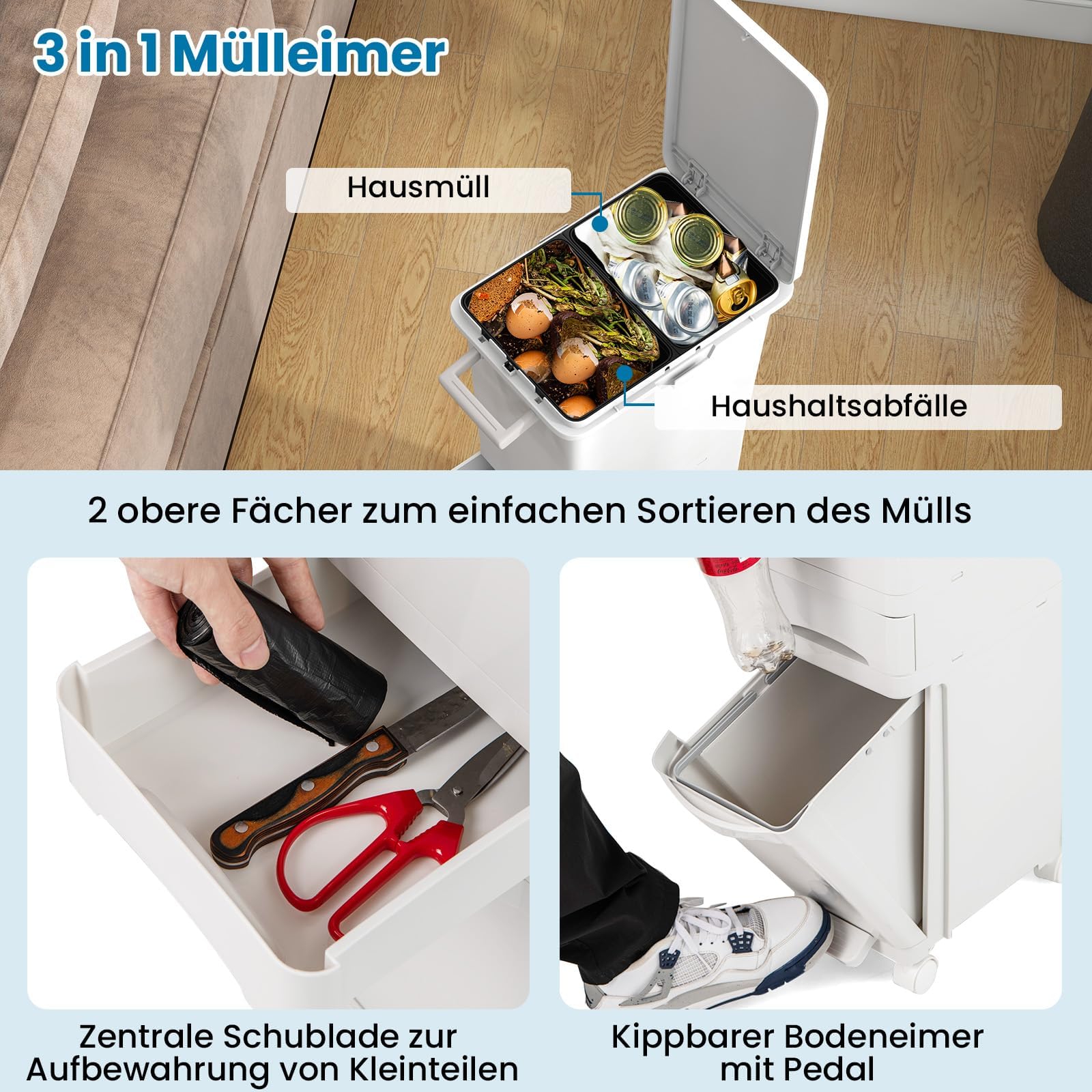 FANTASK 3 in 1 Mülleimer 32L auf Rädern, Abfalleimer Küche mit Kippbehälter & 2 Fächer, Schublade & Aufkleber,Tretabfalleimer mit Deckel & Abfalltrennsystem für Küche, Wohnzimmer