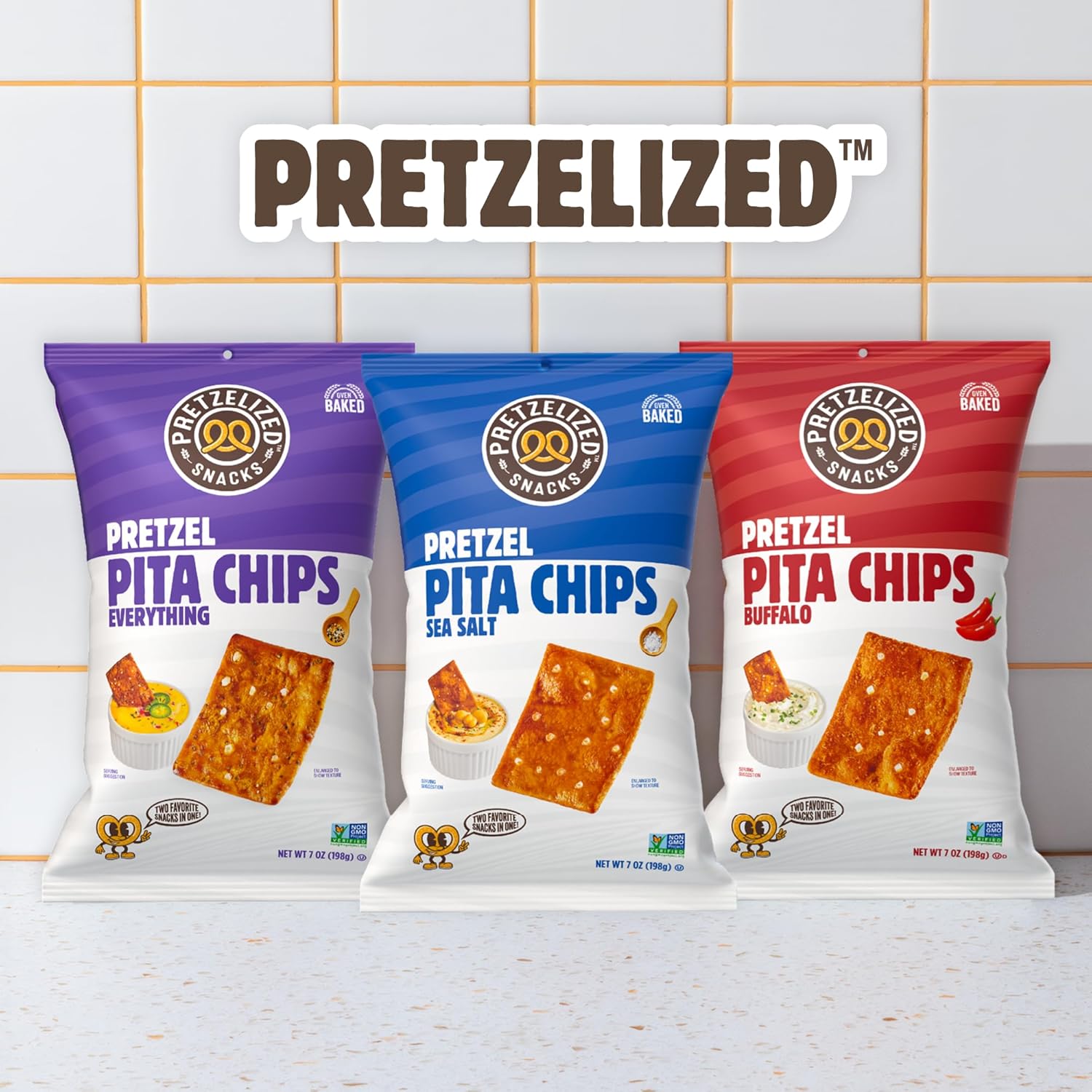PRETZELIZED Snacks Pretzel Pita Chips Variety Pack (Pack of 12) 4 Sea Salt, 4 Everything, 4 Buffalo MultiPack