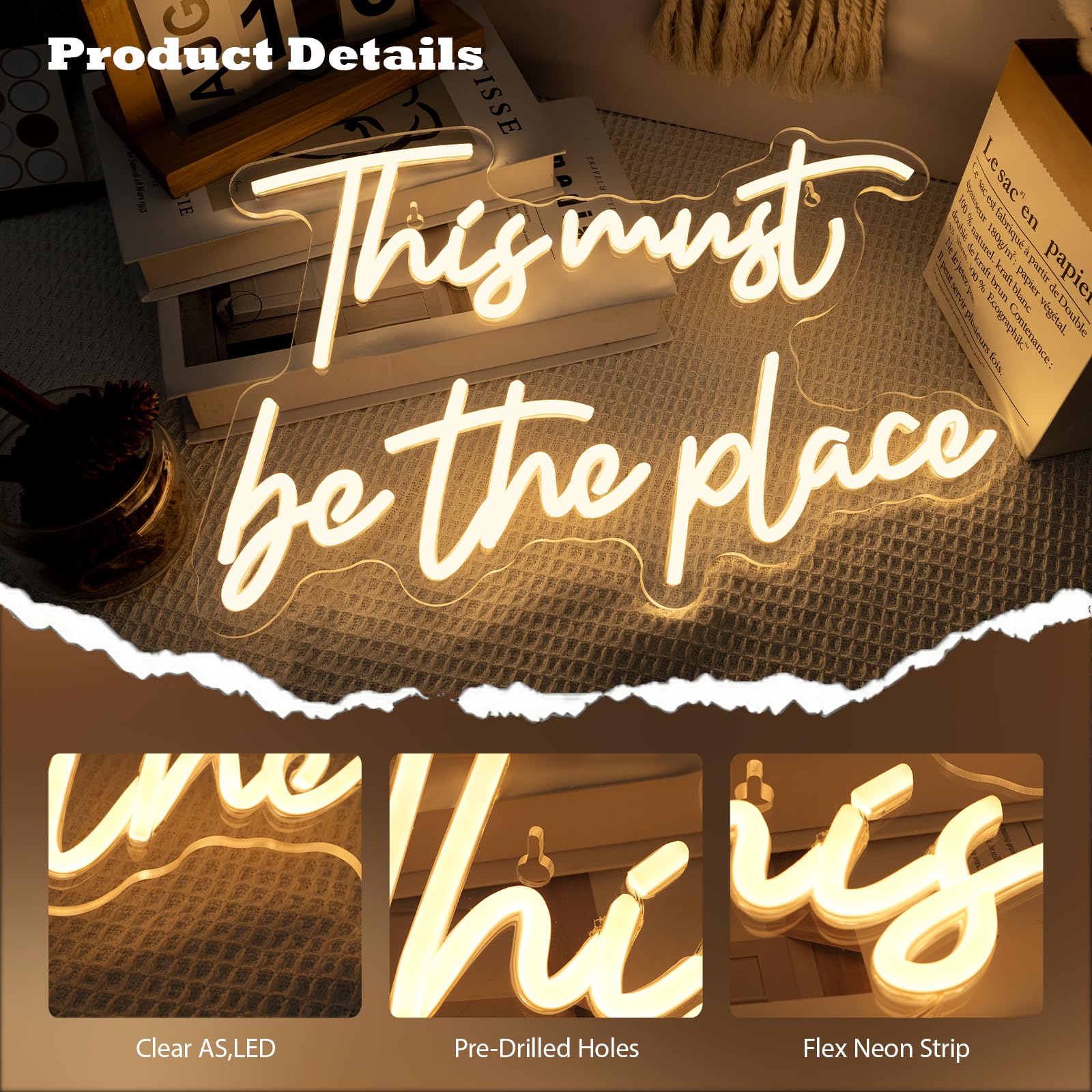 Neonschild mit Aufschrift "This Must Be The Place", warmweiß, Buchstaben-LED-Schilder für Wanddekoration, USB-Wort-Leuchtschilder für Schlafzimmer, Salon, Männerhöhle, Bier, Zuhause, Bar, Hochzeit