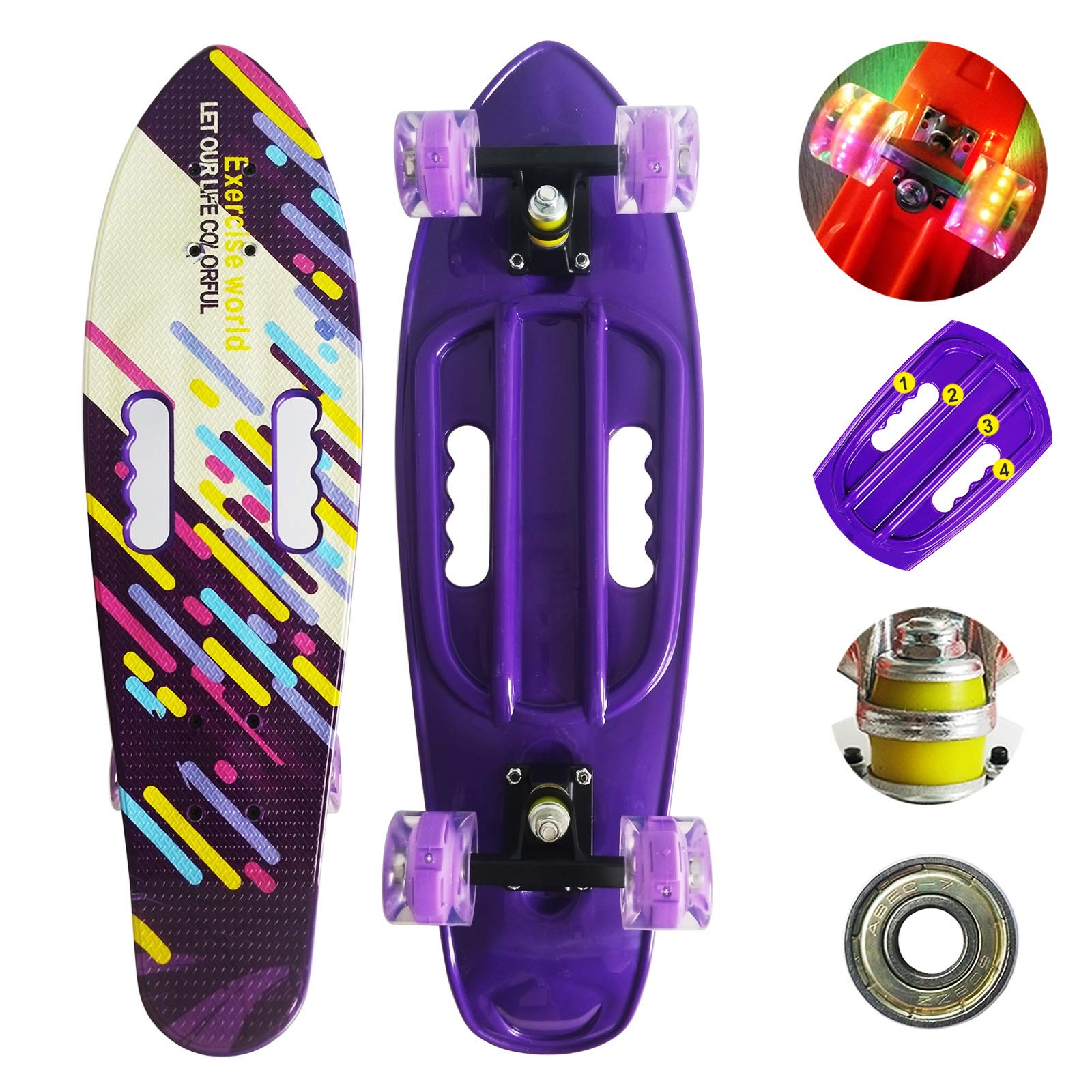 Runyi 27 inch Complete Plastic Mini Cruiser Retro Skateboard with Handle Colorful LED Light PU Wheels for Girls Boys Kids Adult Teens Beginners (27", Colorful)