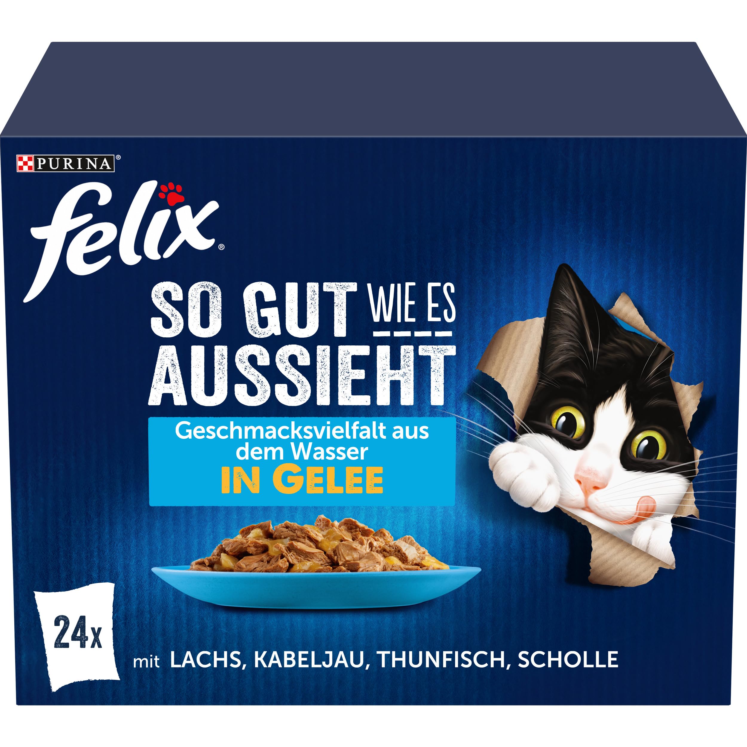 FELIX Ottimo come sembra cibo per gatti bagnato in gelatina, mix di varietà di pesce, confezione da 4 (4 x 24 sacchetti da 85 g)