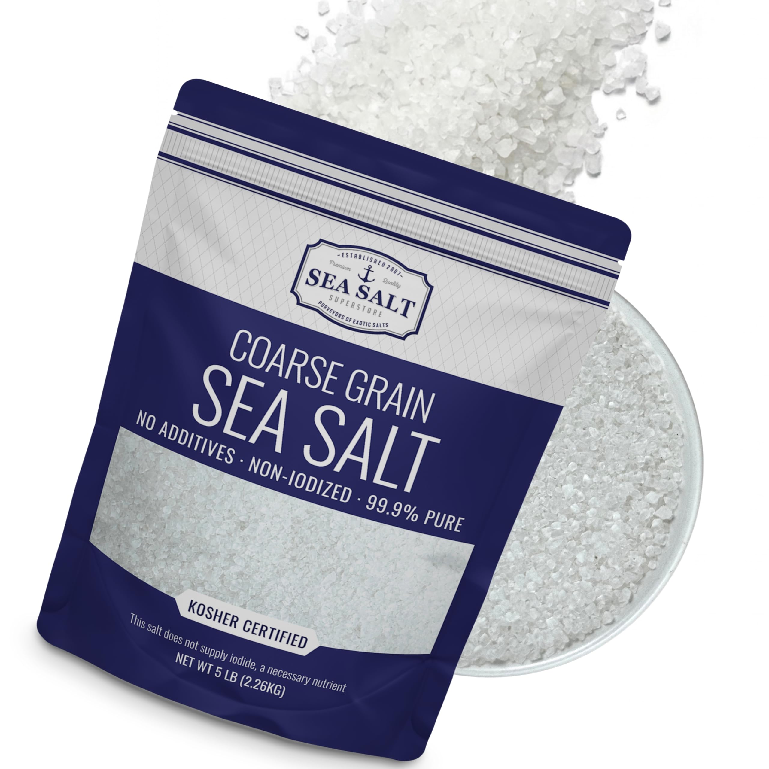 Coarse Sea Salt for Grinder Refill, Coarse Grain Kosher Salt, Non-Iodized Coarse Salt for Cooking, Mineral-Rich Unrefined Baja Salt, 5 lb Bag, Sea Salt Superstore
