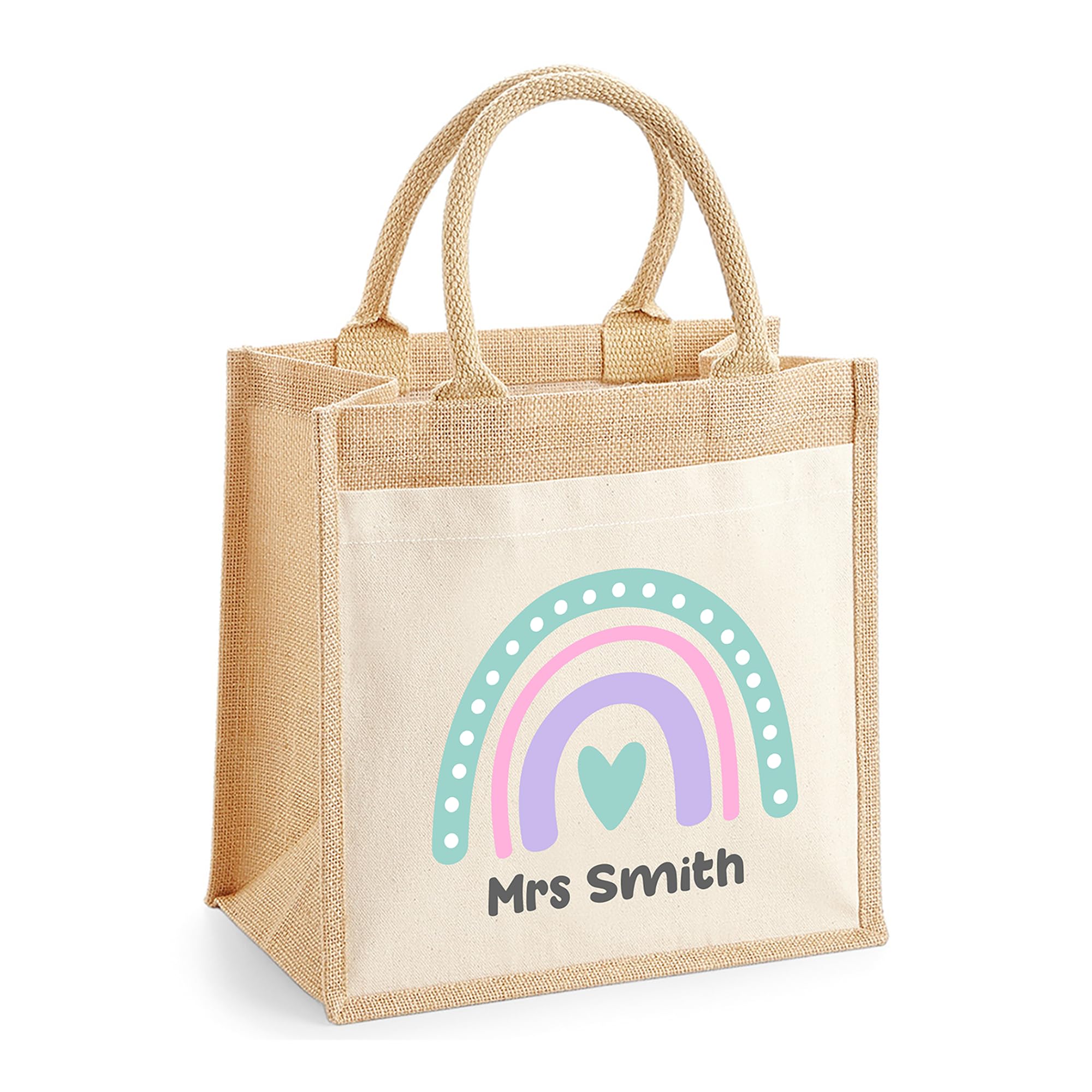 Chicken Craft Personalised Teacher Jute Tote Bag with Name Pastel Rainbow Design โ image 1