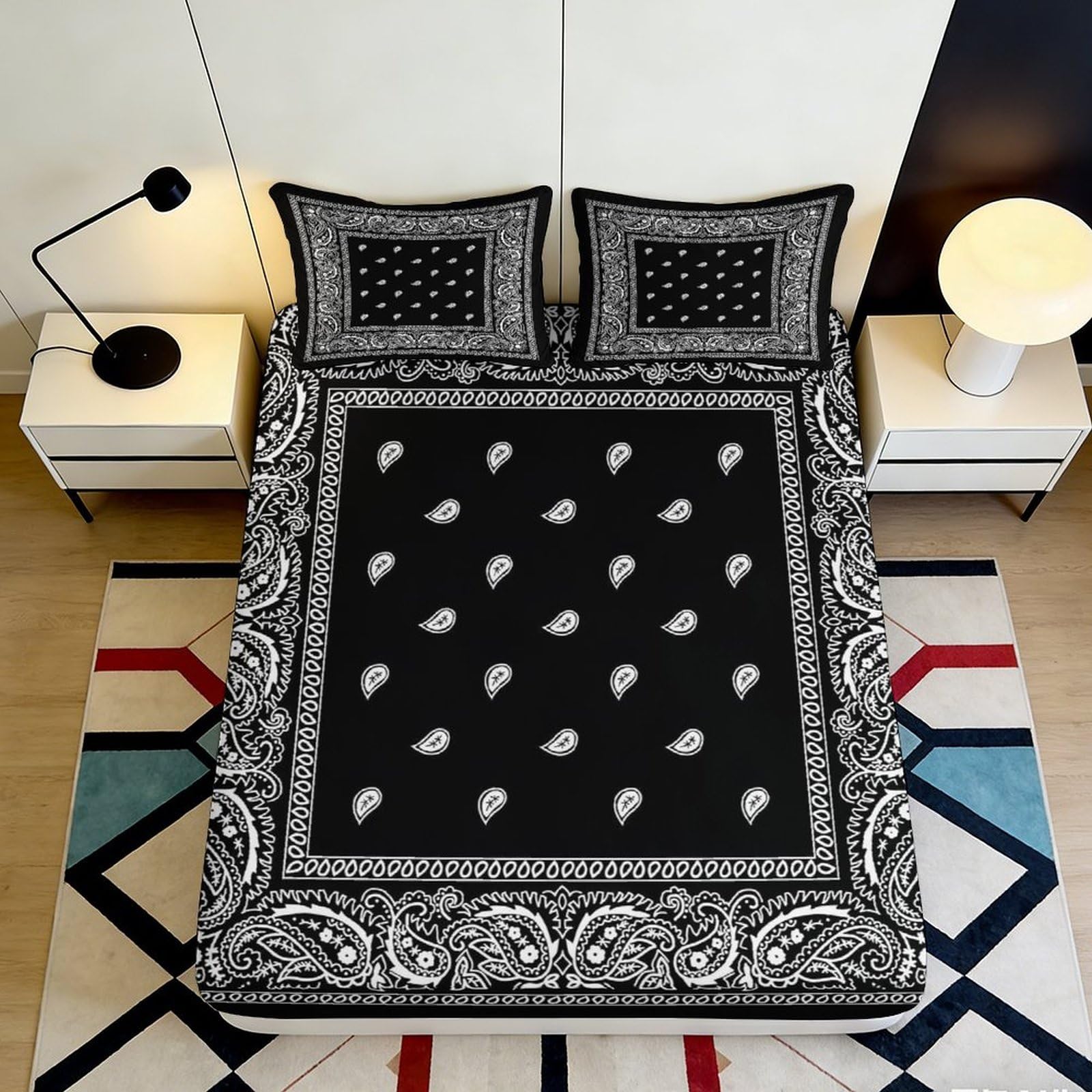 Pnayamiorkfel Style-1 3D Printed Black Paisley Bandana Fitted Sheet Microfiber Soft Bedroom Decor White Pattern Mattress Cover 90X200x25cm