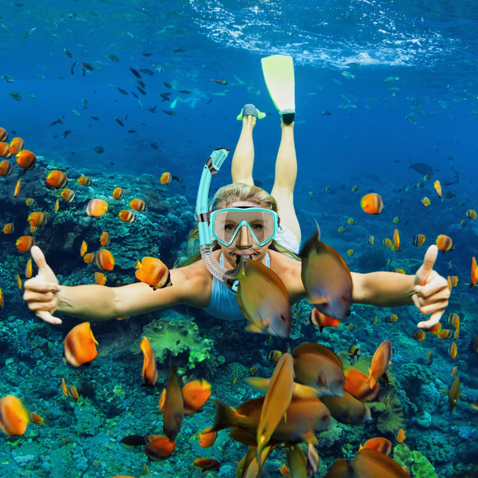 Schnorcheln Set Erwachsene, Schnorchelset mit Taucherbrille und Trocken Schnorchel, Wasserdicht Anti-Fog/Anti-Leck Schnorchelmaske aus Gehärtetem Glas zum Schnorcheln, Schwimmen und Tauchen