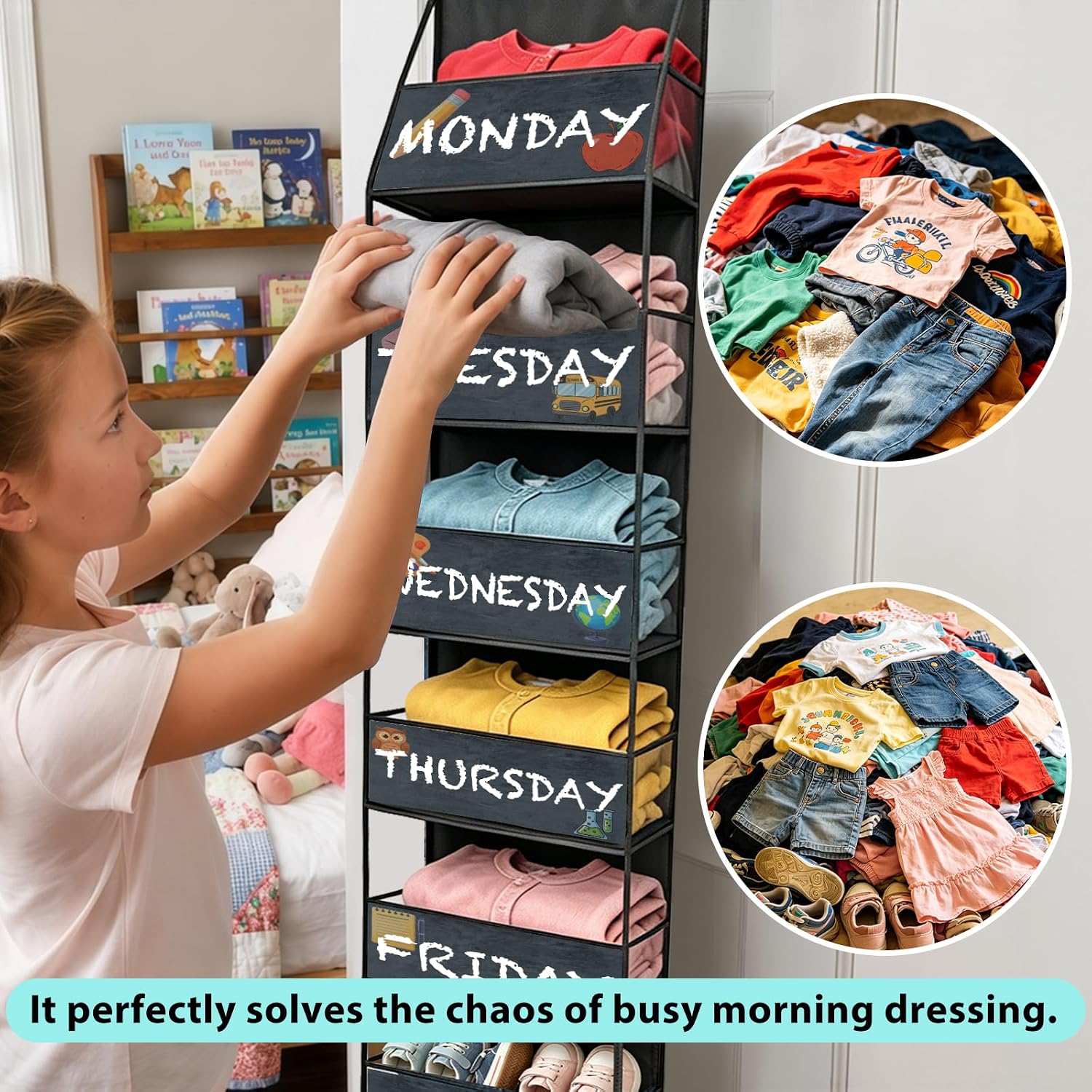 2 Pack Weekly Clothes Organizer for Kids, 6 Shelf Hanging Closet Organizer with Clear Window, Foldable Days of the Week Over the Door Outfit Organizer with Labels for Closet School