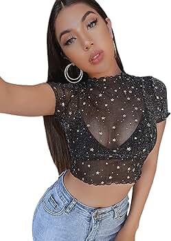Floerns Women's Sheer See Through Mock Neck Star Pattern