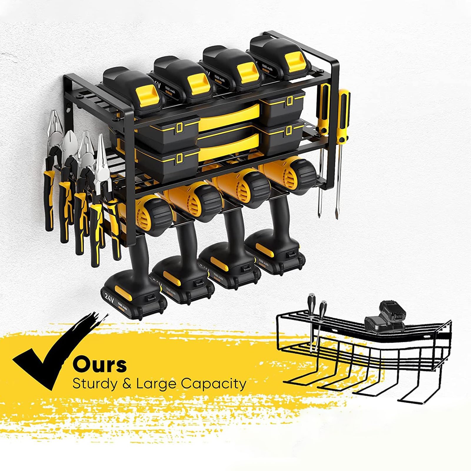 Organizador de herramientas eléctricas de 3 niveles, estante de almacenamiento de herramientas eléctricas montado en la pared, estante flotante resistente para herramientas, color negro