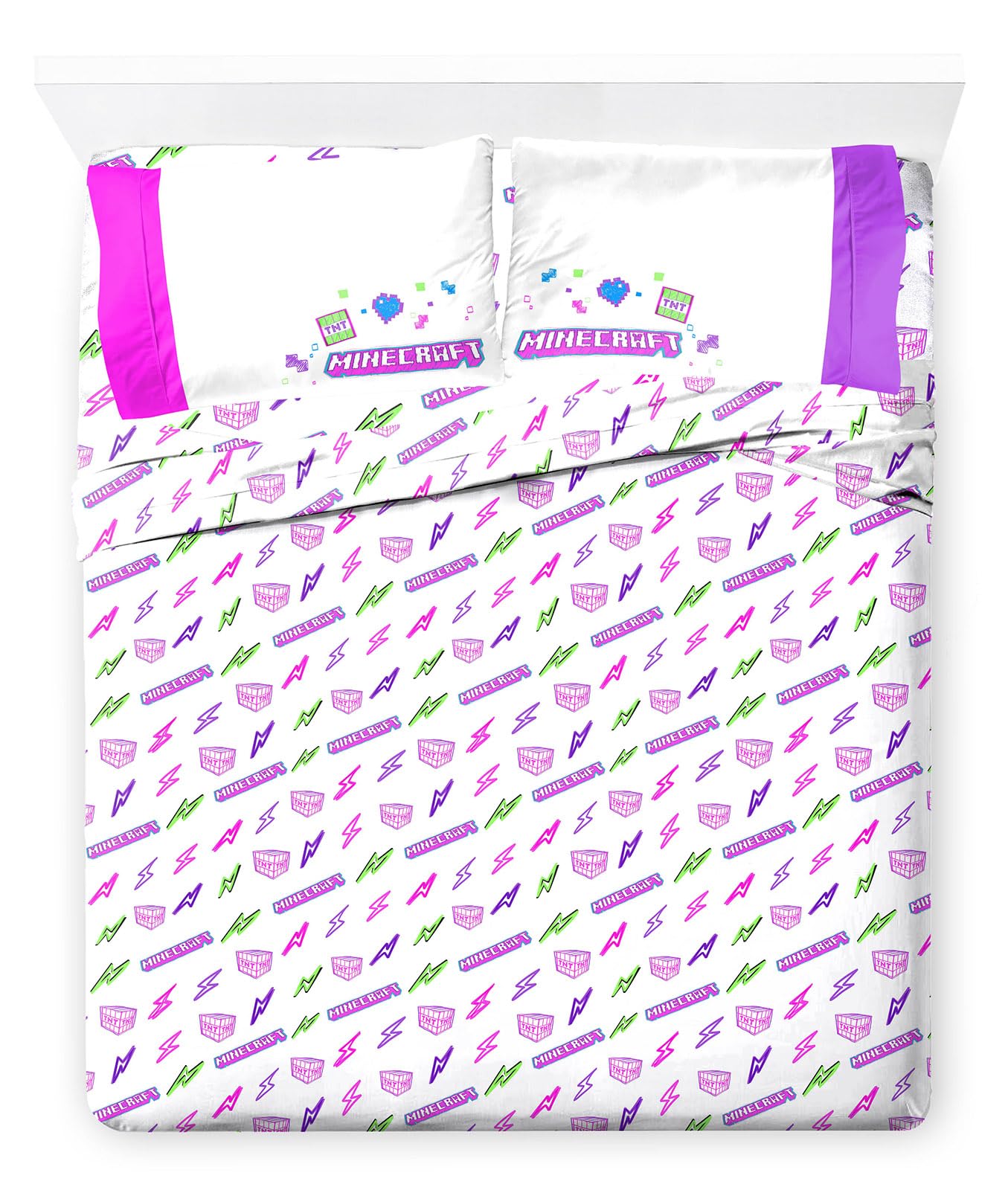 Jay Franco Kids Sheet Set with Fitted, Flat Sheets & Pillow Cover - Ultra-Soft Bedding with Pillowcase for Room Decor, Purple - Minecraft, 4 Piece Full