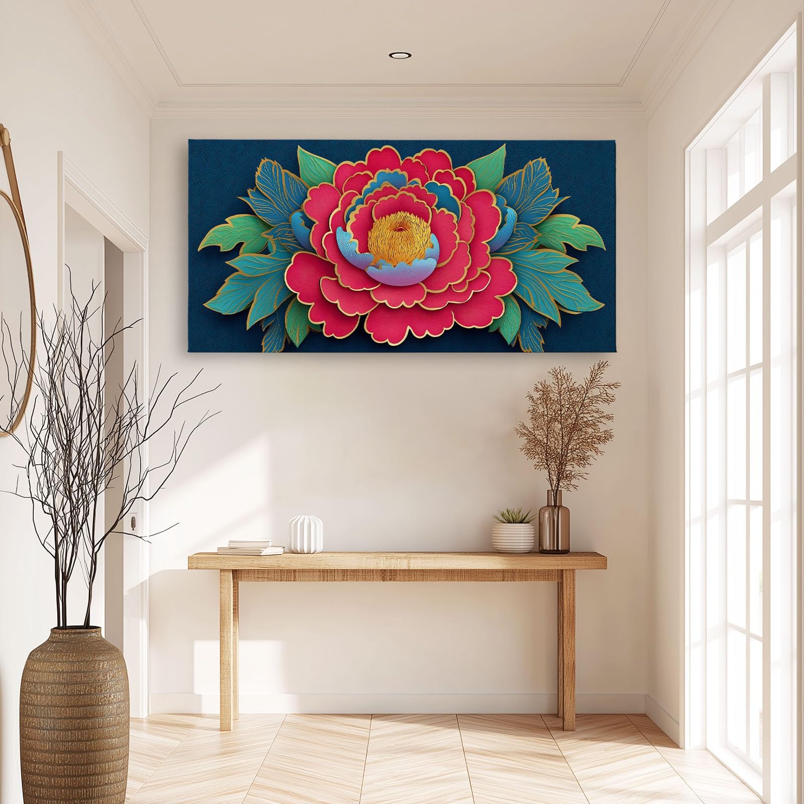 Vintage Botanisch Floral Blätter Modernes Leinwandbild 140L x 70B cm mit Rahmen, Orientalisch Traditionell XXL Wanddeko für Wohnzimmer Geschenk Idee Einzug - Hochwertiger Kunstdruck auf Holzrahmen