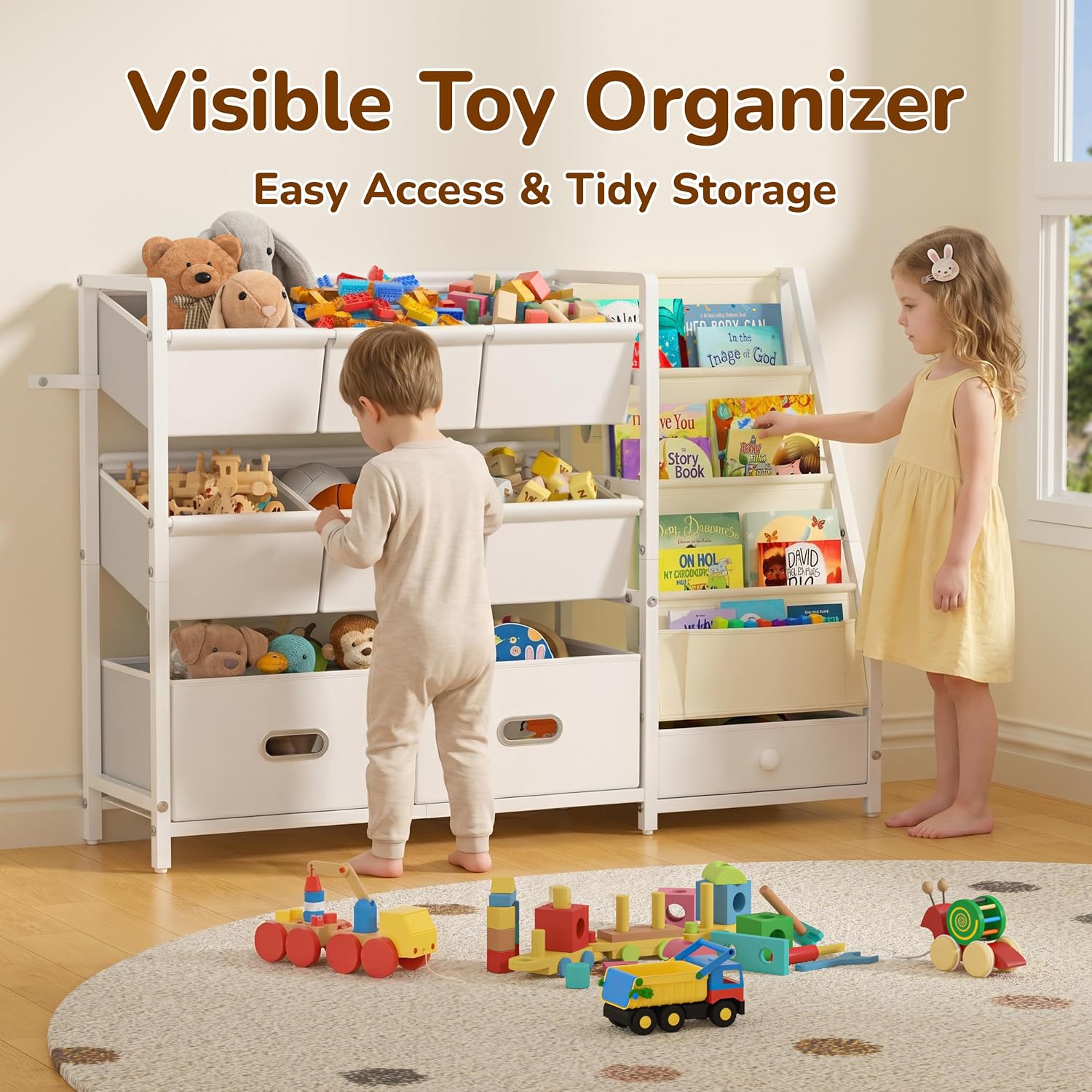 Kids Toy Storage Organizer, Kids Bookshelf and Toy Storage with 9 Bins, Montessori Toddler Bookshelf, Playroom Storage Organization, Baby Book Shelf for Kids Rooms, Nursery, White