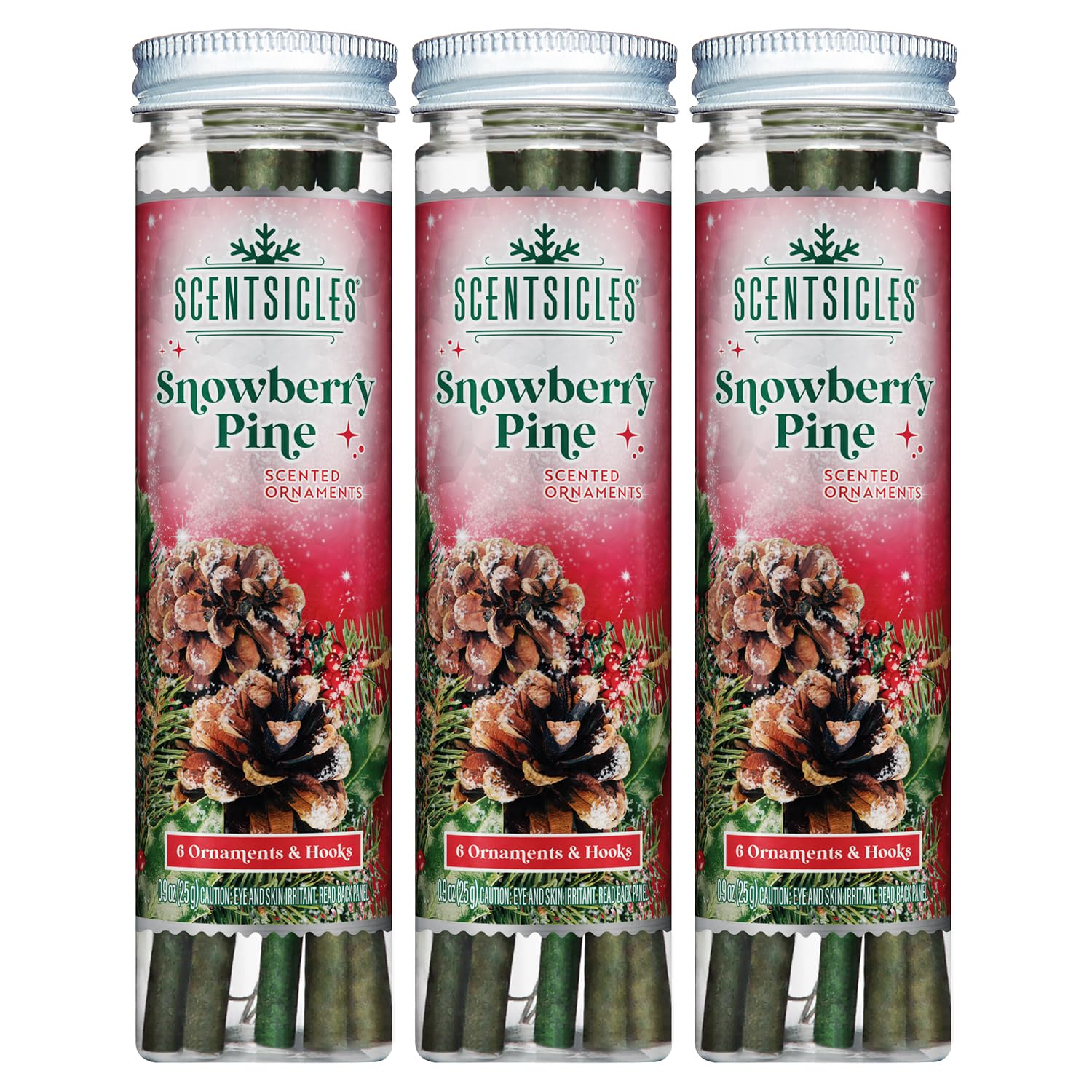 Scentsicles Snowberry Pine Scented Christmas Ornaments with Hooks - 1 Bottle (6 Sticks Total)
