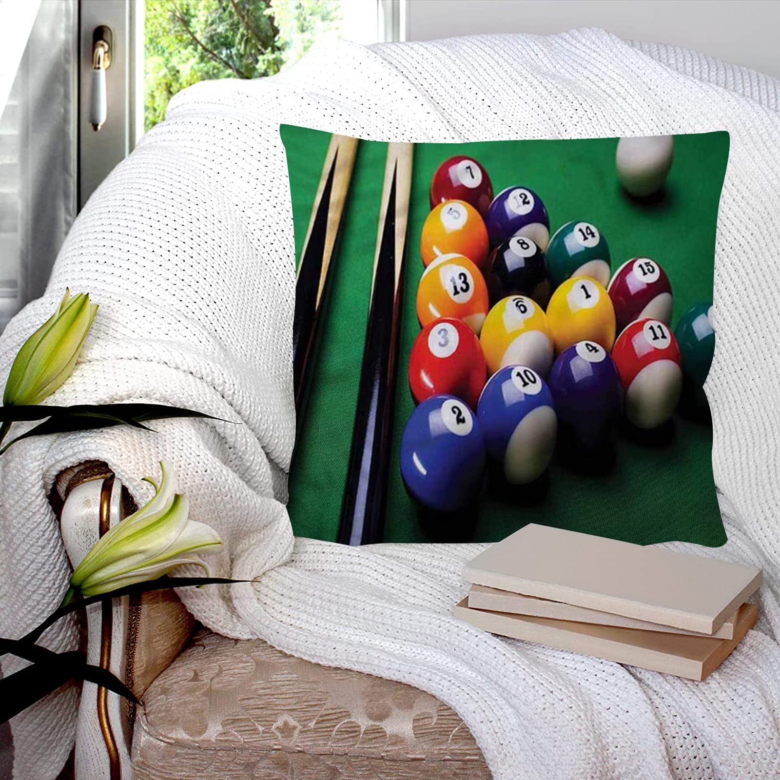 Cushion Covers 45x45 cm, Polyester Square Throw Pillow Cases,Billiard Pool Balls Snooker, Cushion Cover for Sofa Couch Bedroom with Invisible Zipper, 18x18 Inches