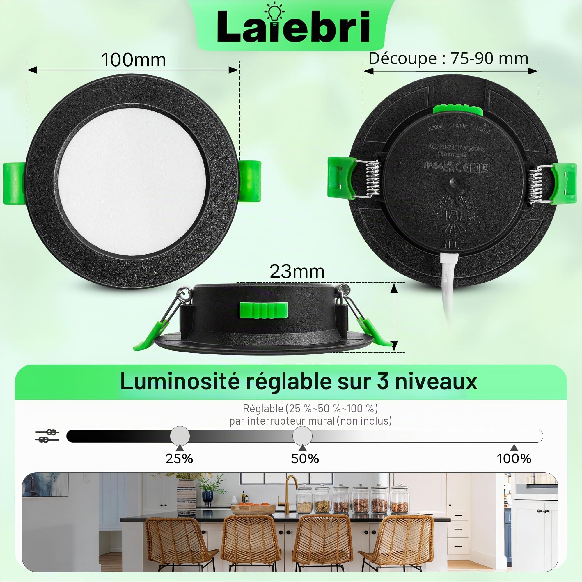 Spot LED Encastrable Dimmable Noir - IP44 Spots de plafond extra plats - 6W, 2700K/4000K/6000K, éclairage LED pour salle de bain, salon et cuisine, Ø 75-90mm, Lot de 6