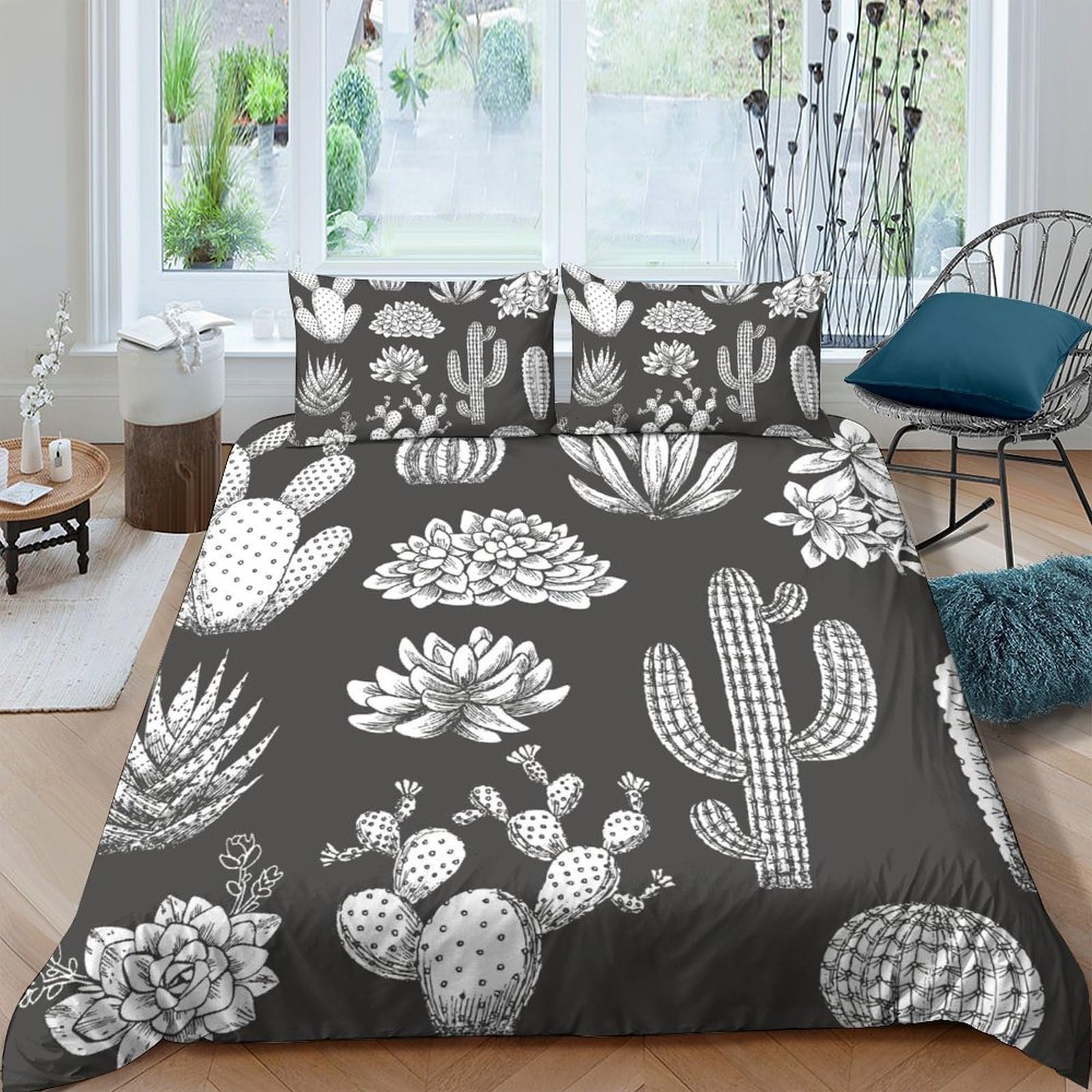 Ctjqhvkz Style-9 3D Printed Black Cactus Botanical Fitted Sheet Microfiber Non Slip Succulent Mattress Cover For Bedroom Home Decor Single（135X200cm）
