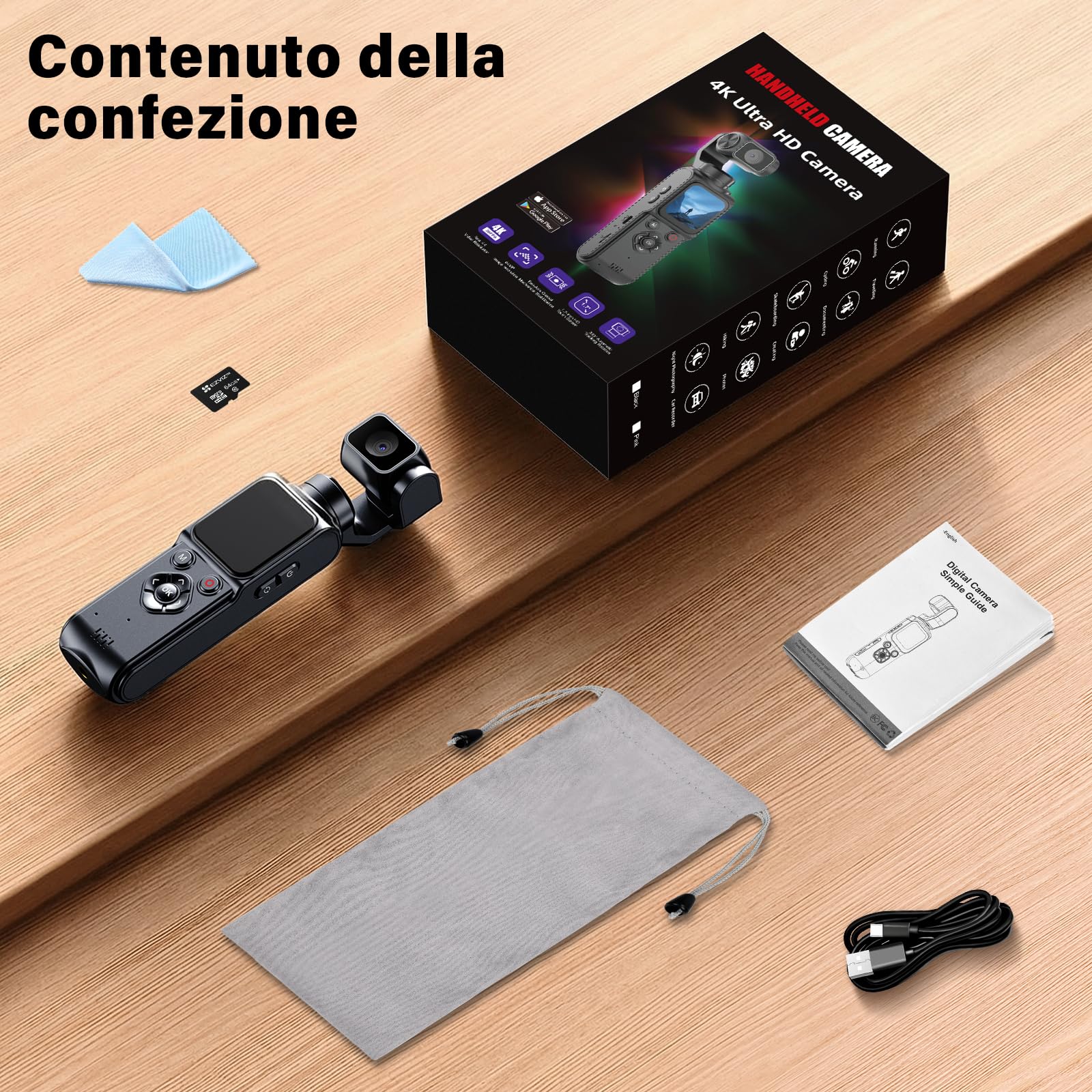 Vlog Camera, Action Cam 4K Stabilizzata con Gimbal – Touchscreen 64MP con Scheda 64GB, Stabilizzazione a 2 Assi, Tracciamento di Oggetti, Microfono Incluso, Fotocamera Digitale per Vlog