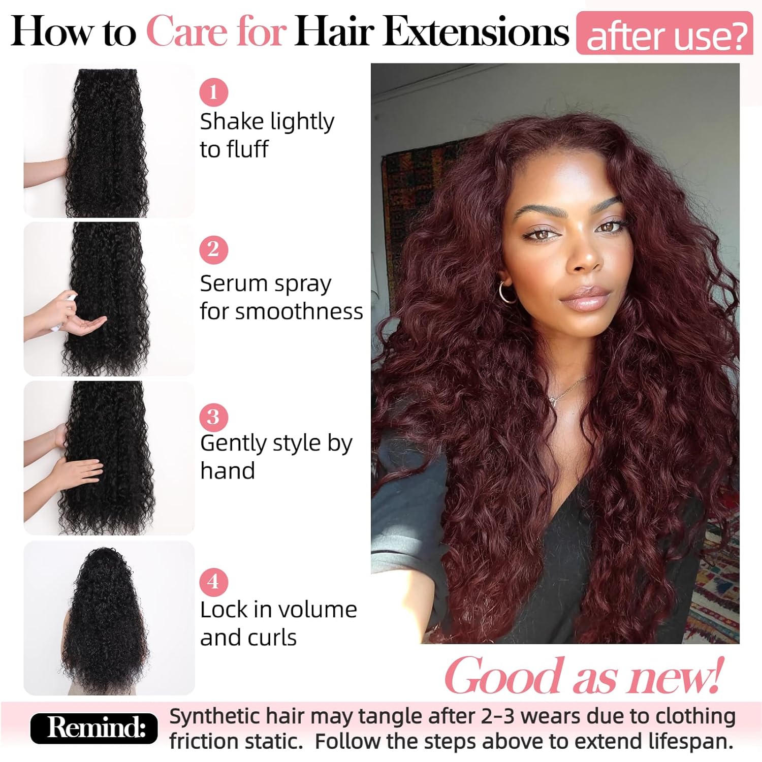Burgundy Clip In Hair Extensions,24 Inch Long Soft Curly Synthetic Dark Red Hair Extensions Clip ins 9 PCS Layered Invisible Wavy hairpieces For Women (Cherry Red)