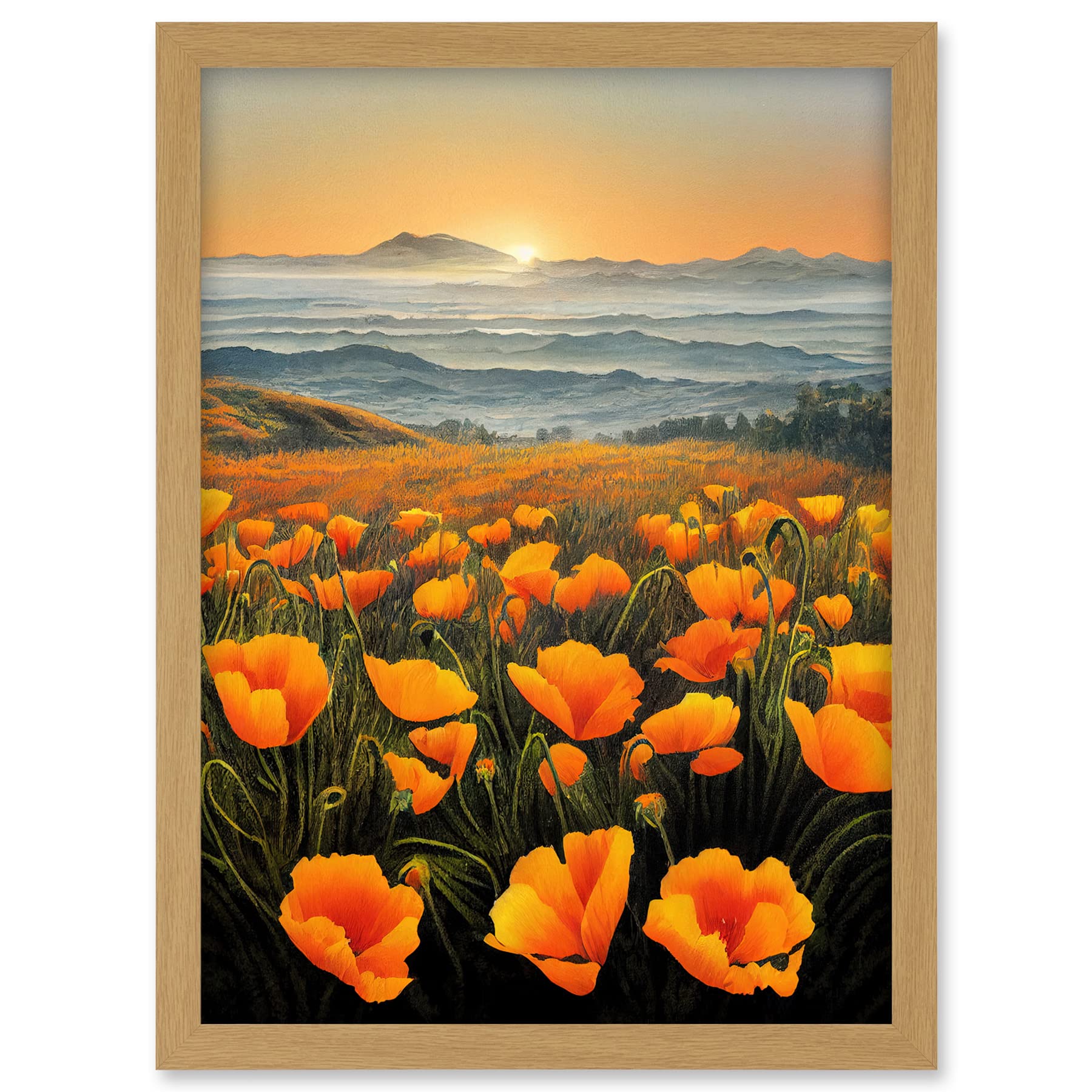 Doppelganger33 LTD Shoreline California Poppies At Sunrise Painting Artwork Framed A3 Wall Art Print