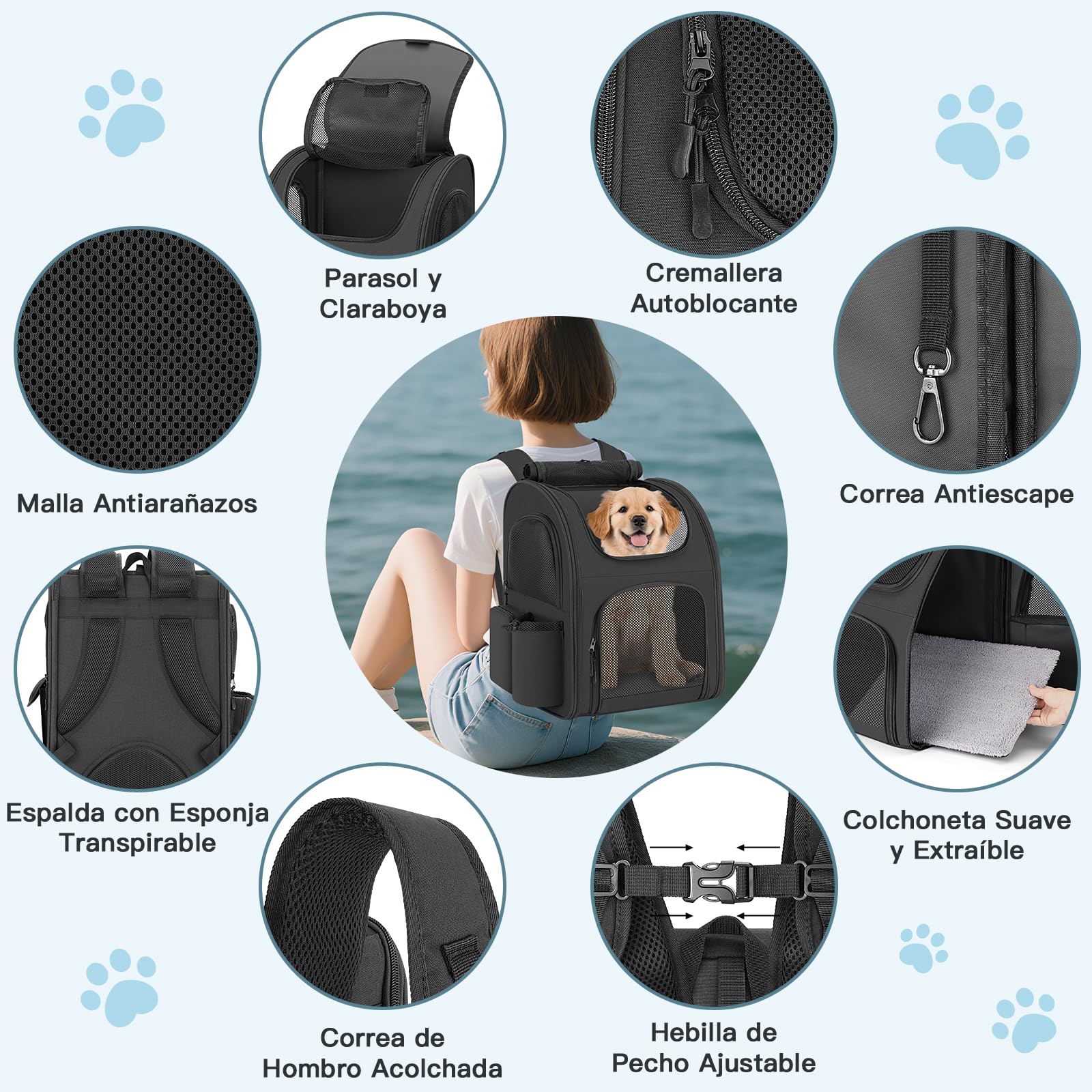 Mochila para Gatos Perros, Mochila Transportin Gato Perro 10kg, Ventanas de Malla Transpirable Bolso para Perros Pequeños Gatos Mascotas con Correa de Seguridad y Alfombra para Mascotas - Negro
