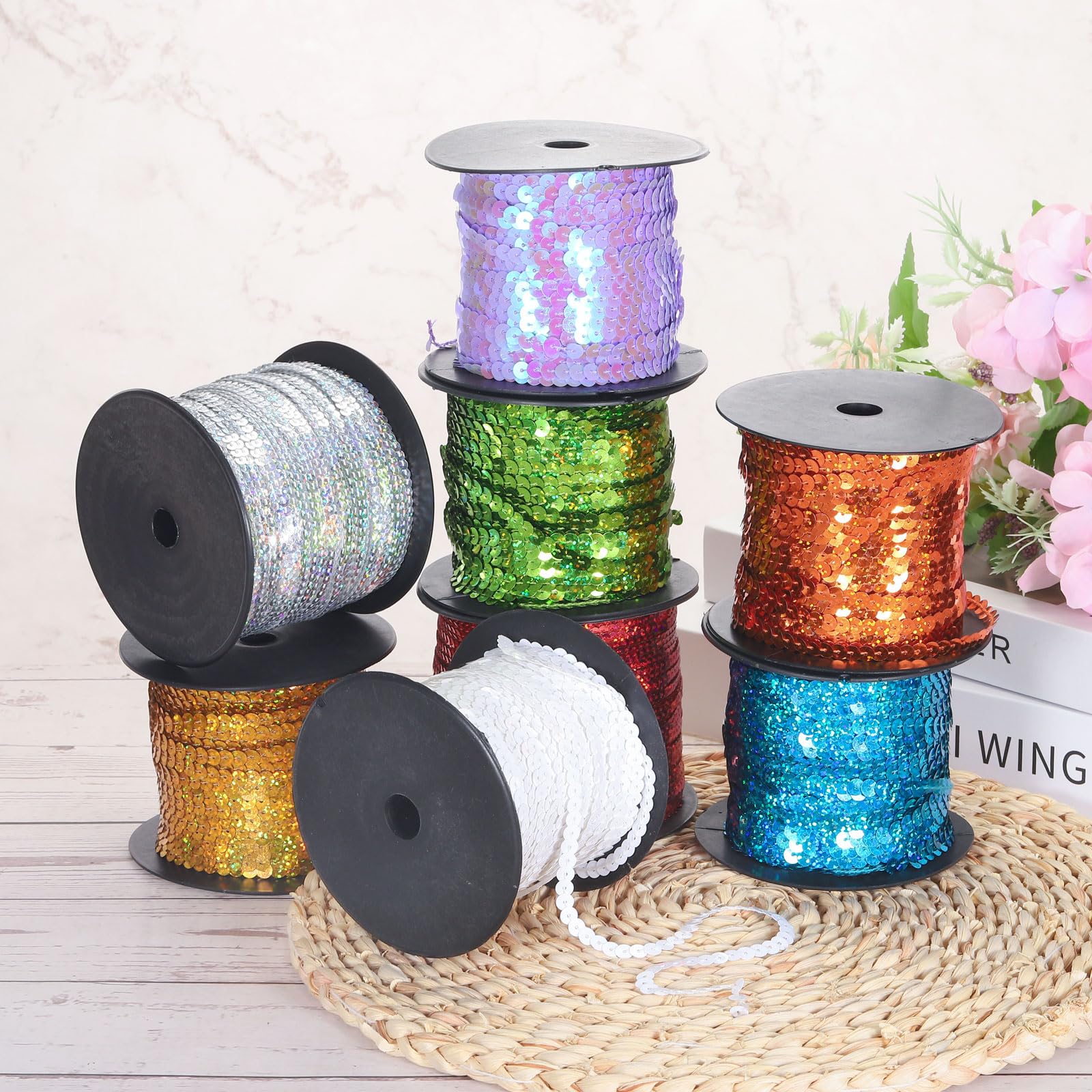 QUARKZMAN 100 Yards Flach Pailletten Streifen 6mm Laser Pailletten Stoff Paillette Dreieck Pailletten Trimmen für Handwerk Basteln Pailletten Fransen Nähen Klingeln See Blau