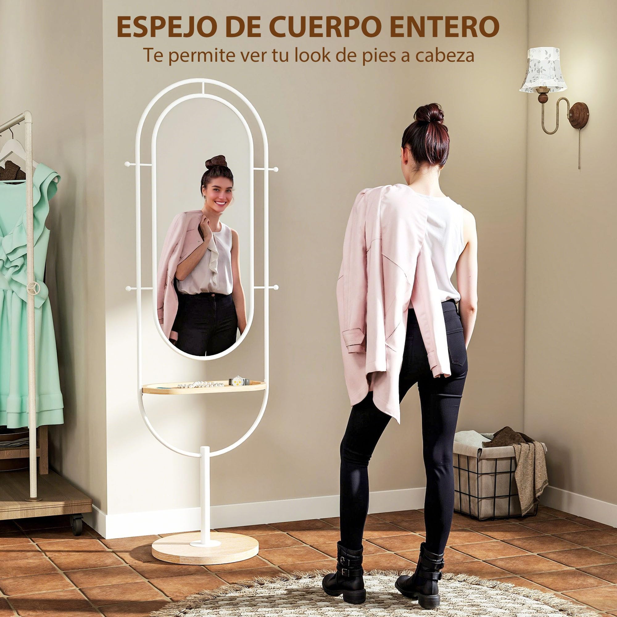HOMCOM Espejo de Cuerpo Entero 175,5x50 cm con Bandeja de Madera y 4 Ganchos Espejo de Pie con Marco de Metal para Dormitorio Salón Blanco