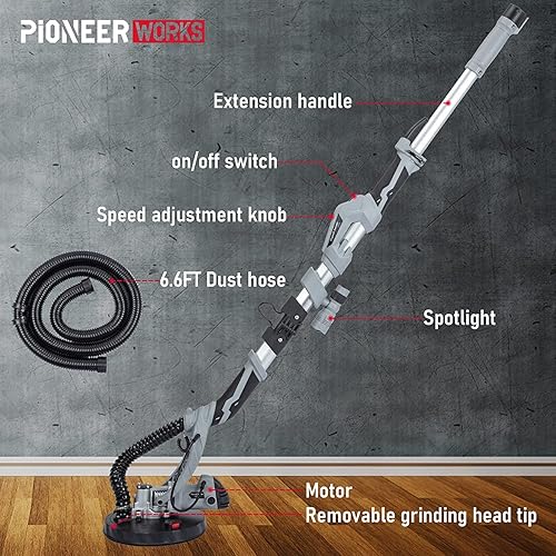 Miniatura 7 de Lijadora eléctrica para paneles de yeso, lijadora de motor con luz LED, 710 W, velocidad variable de 800-1700 RPM, mango expandible y plegable, 6