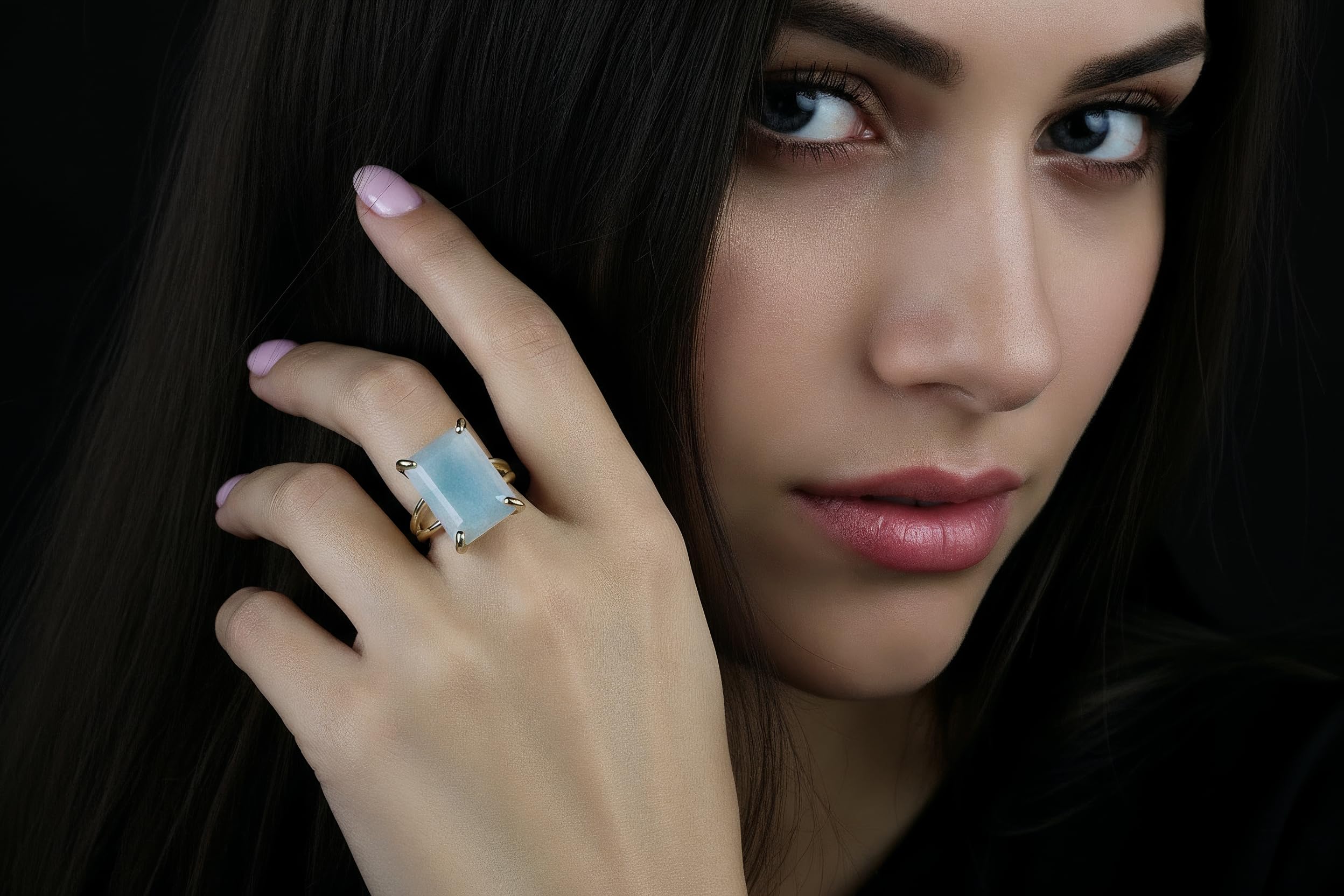 Anillo Grande de Aguamarina - Anillos de Oro de 14k Hechos a Mano para Mujeres - Anillos de Moda, Joyas de Declaración y Regalo para Damas