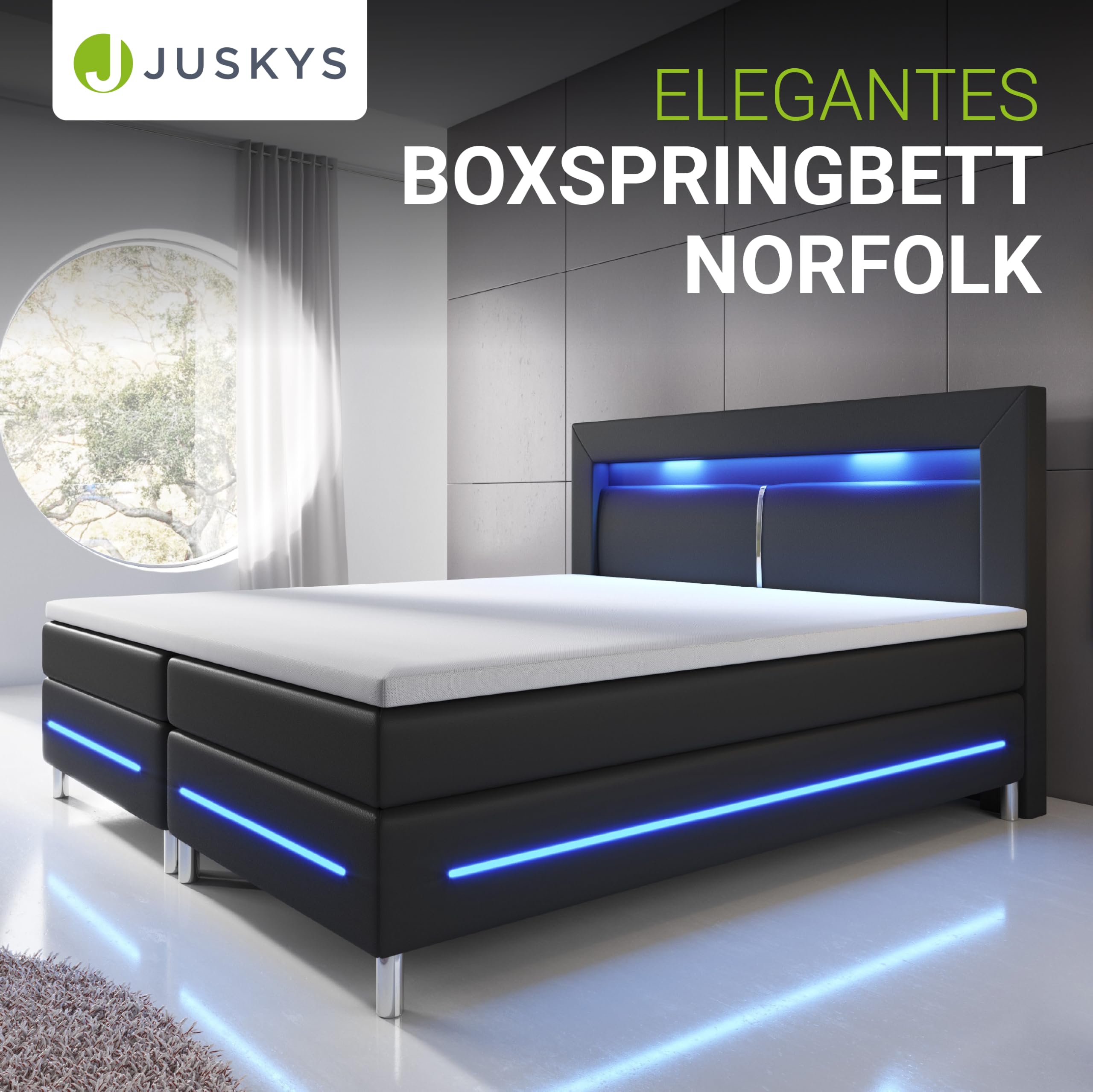 Juskys Boxspringbett Norfolk 200x200 cm - LED Beleuchtung, Bonell Matratze & Topper - 66 cm Komforthöhe - schwarz - Bett Doppelbett Polsterbett