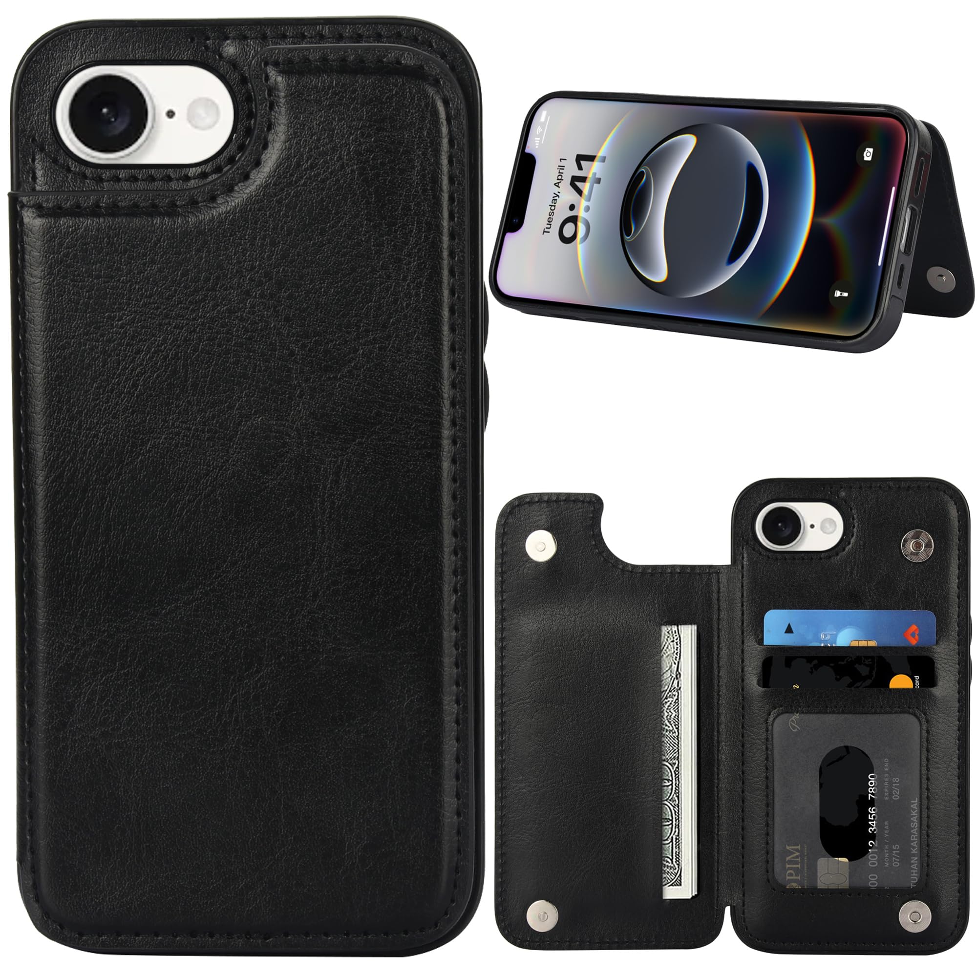 Eitsevn for iPhone 17e/16e ケース 手帳型 背面 カード入れ （3枚） いphone16e 17e ケース カード収納 PUレザー あいふおん16eケース 耐衝撃 全面保護 多機能 指紋防止 スマホケース iphone 17e/16e 6.1インチ ブラック