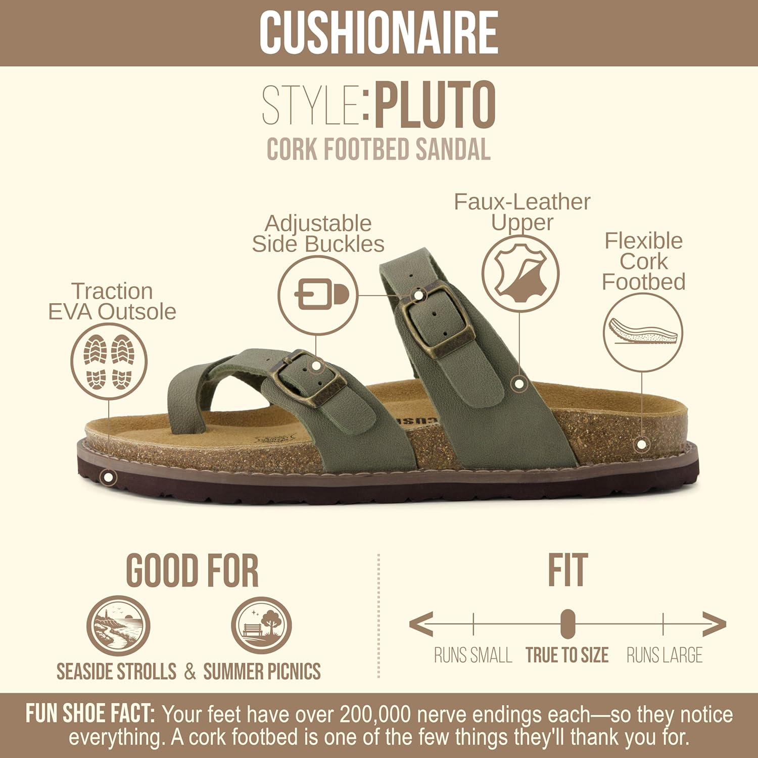 CUSHIONAIRE Pluto Cork Footbed Summer Sandals for Women Comfortable Slides with Adjustable Buckles, Toe Loop & Stitched Design – Stylish Slip On Women Footwear