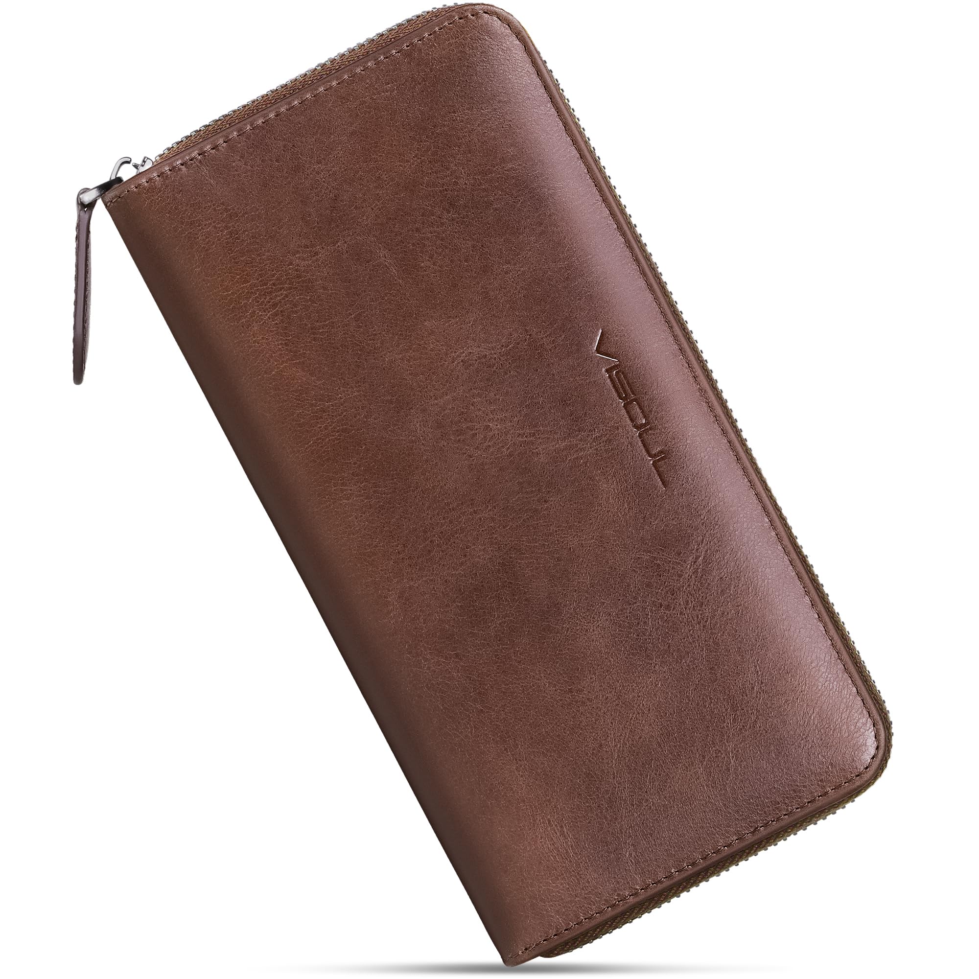 VISOUL Leather Long Zipper Pouch Wallet for Men and Women with RFID Blocking, Large Clutch Cash Long Wallet with Zipper (Brown)