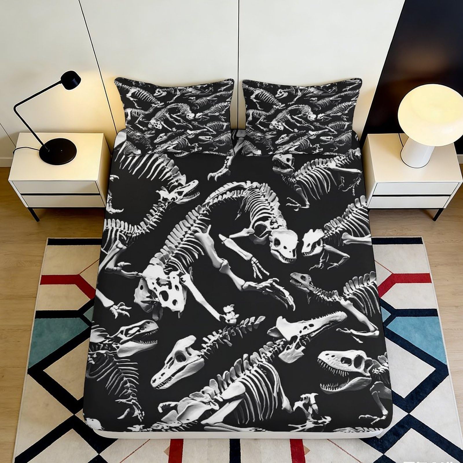 3D Printed Dinosaur Skeleton Fitted Sheet Microfiber Black Mattress Cover for Bedroom Guest Room Dust Protection 180x200x25cm