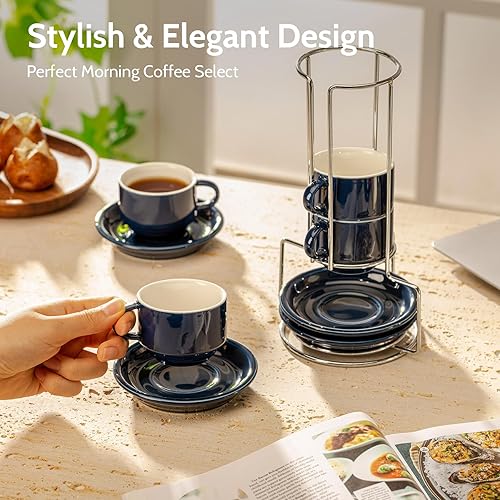 Miniatura 3 de SWEESE - Tazas de porcelana apilables, de 8 onzas, con platillos y soporte de metal, para bebidas especializadas del café, capuchino, latte,