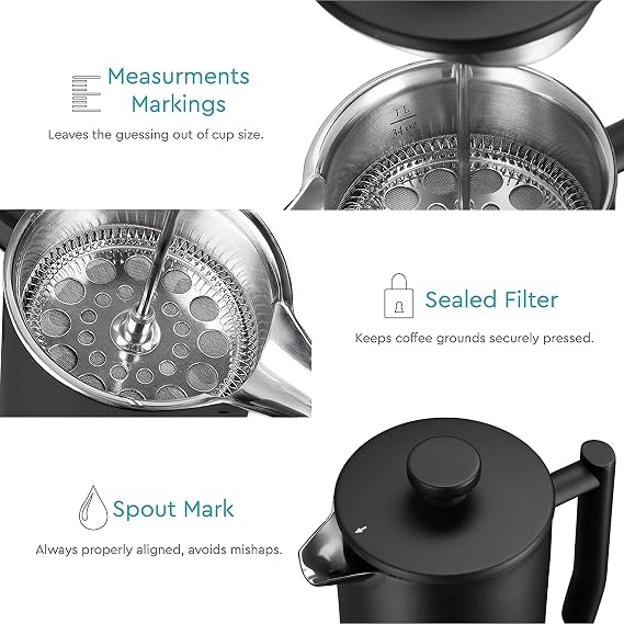 Large Insulated French Press Coffee Maker, Matte-Black Stainless Steel 50oz
