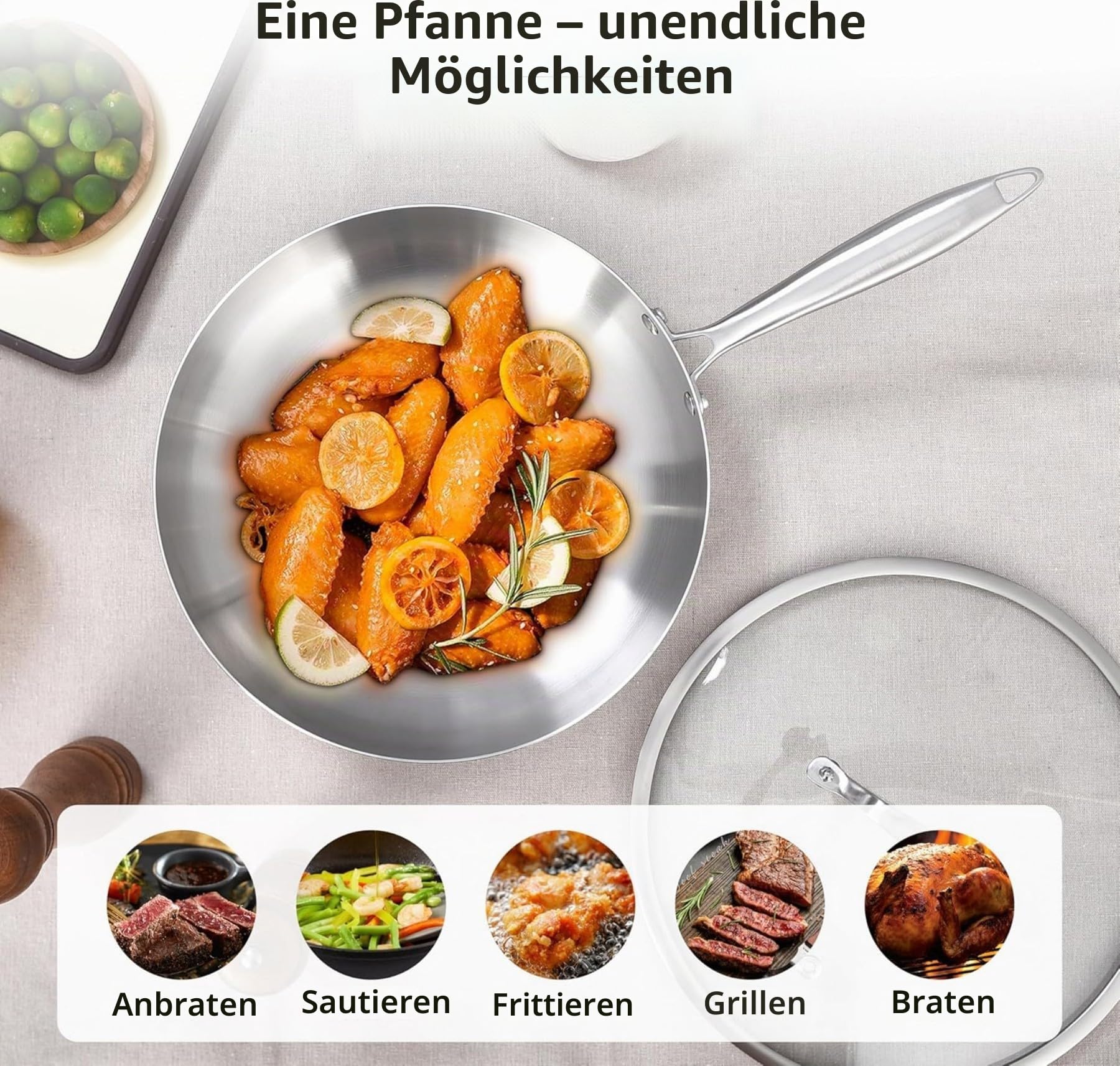 LOLYKITCH Pfannenset aus Edelstahl, unbeschichtet 22/24/26/28/30 cm | Edelstahlpfanne, Stainless Steel Frying Pan Set, für Induktion & alle Herdarten, ofenfest, spülmaschinenfest