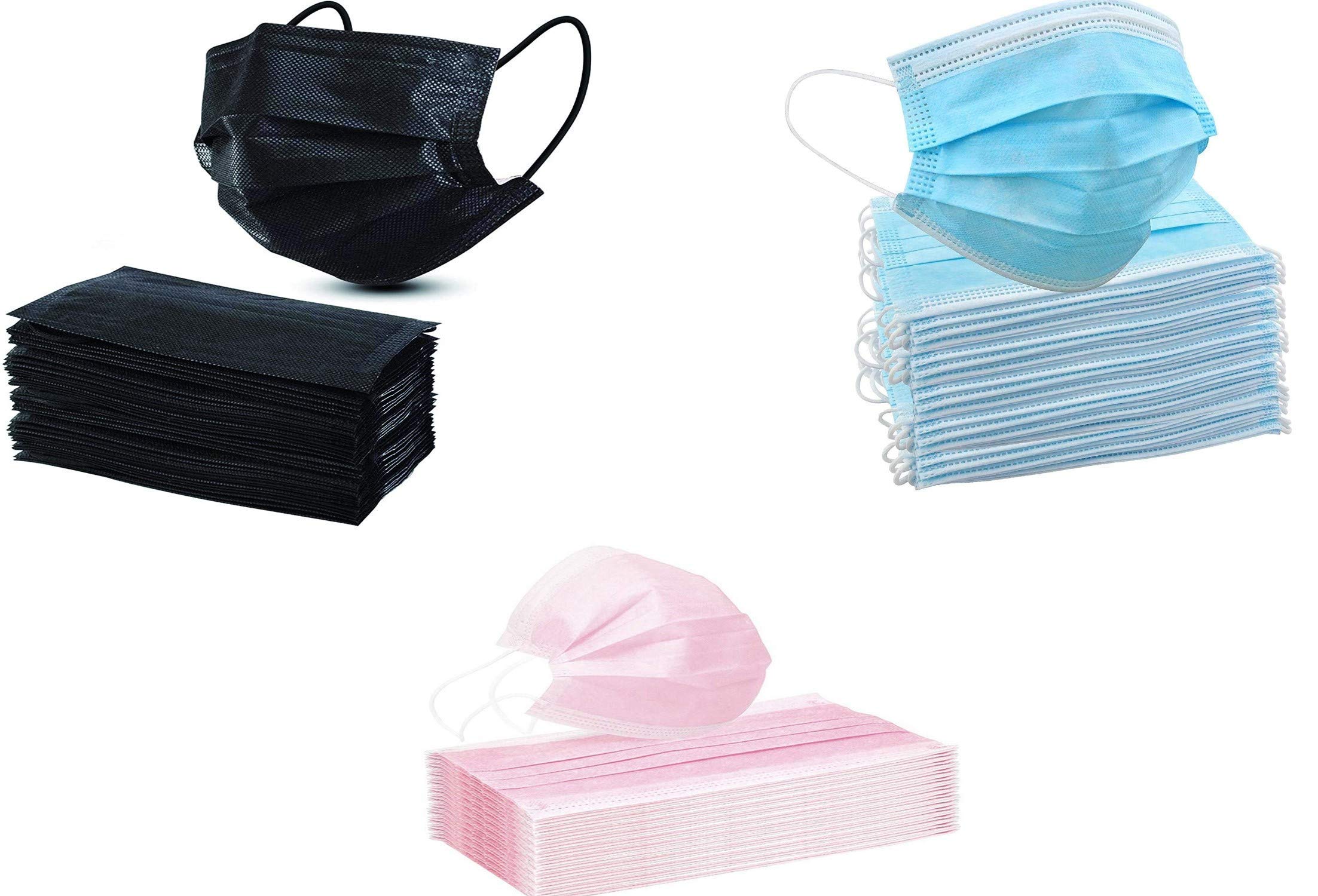 KAV® 300 PCS 3 Ply Disposable Face Masks ( 100 Blue, 100 Black & 100 Pink) | Face Covering | High Filterability, Suitable ...