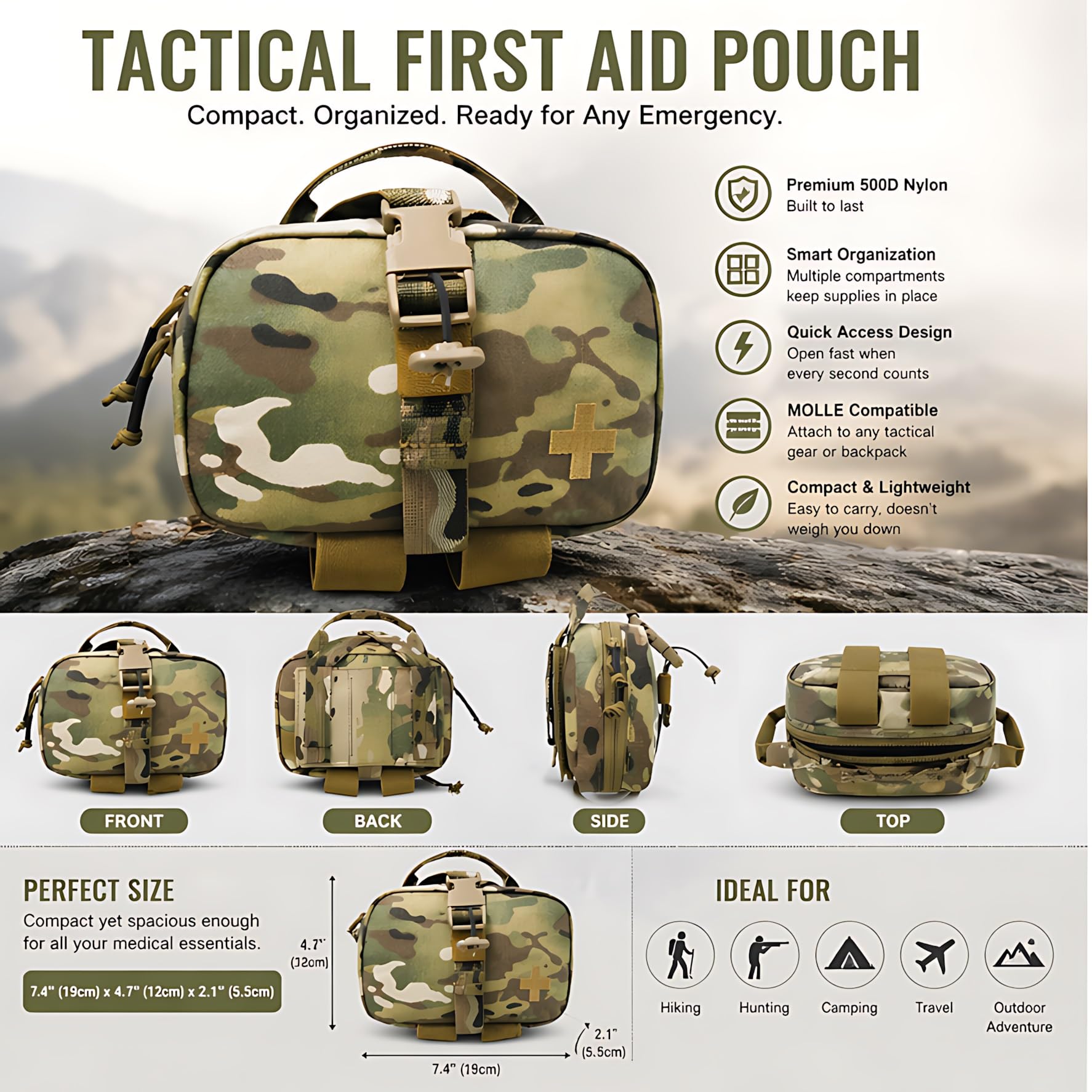 Bolsa Médica Táctica, Bolsa MOLLE IFAK con Hebilla Liberación Rápida, Bolsa Compacta Primeros Auxilios for Senderismo, Camping, Caza Y Supervivencia Al Aire Libre