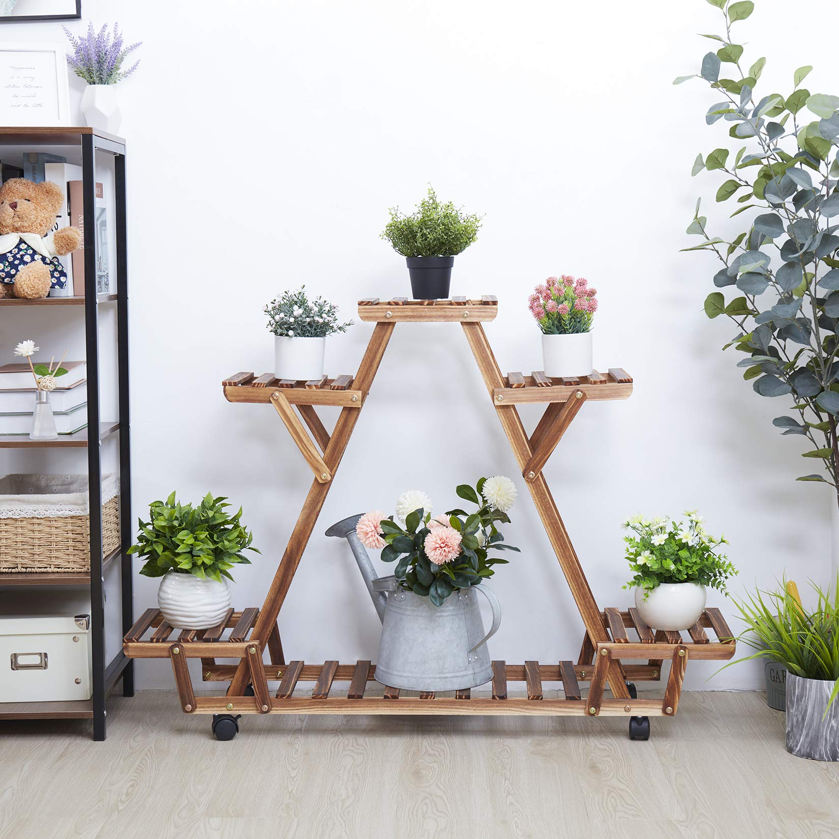 unho Porte Plante à Roulettes, Étagère Plantes Bois avec 6 Tablettes, Support Pot de Plante, Capacité de Charge Max 38kg, Conçu Pour Jardin, Balcon, Terrasse - 91x81x25cm